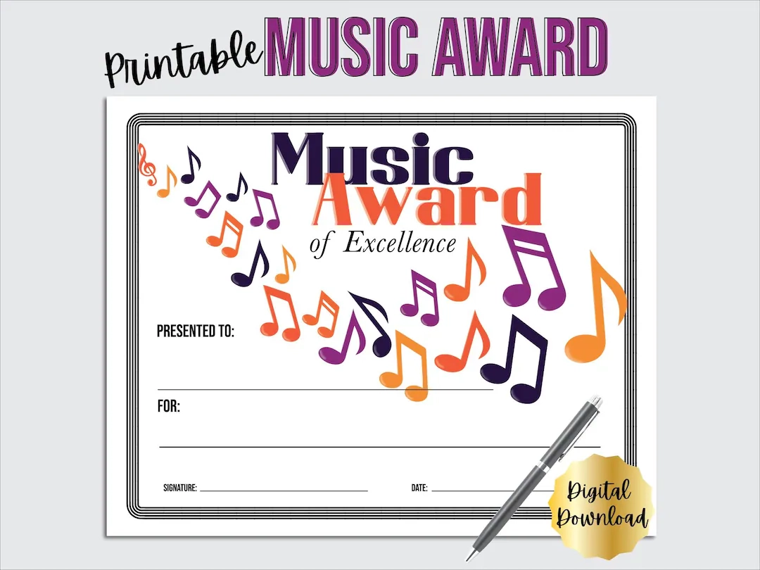 Music Award Certificate Printable For Music Teacher Or Music Contest Music Award Template Includes Editable PDF Etsy