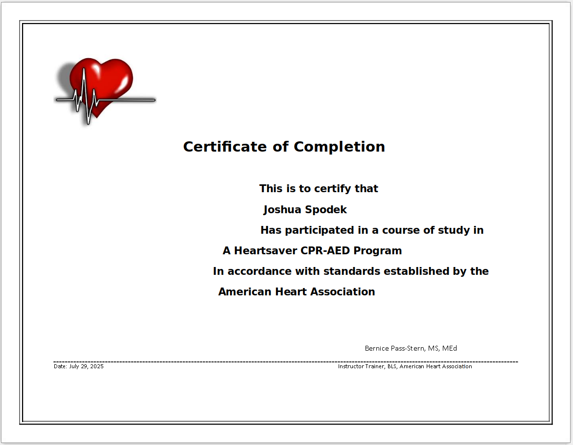 My CPR Training Certificate Joshua Spodek My CPR Training Certificate Joshua Spodek