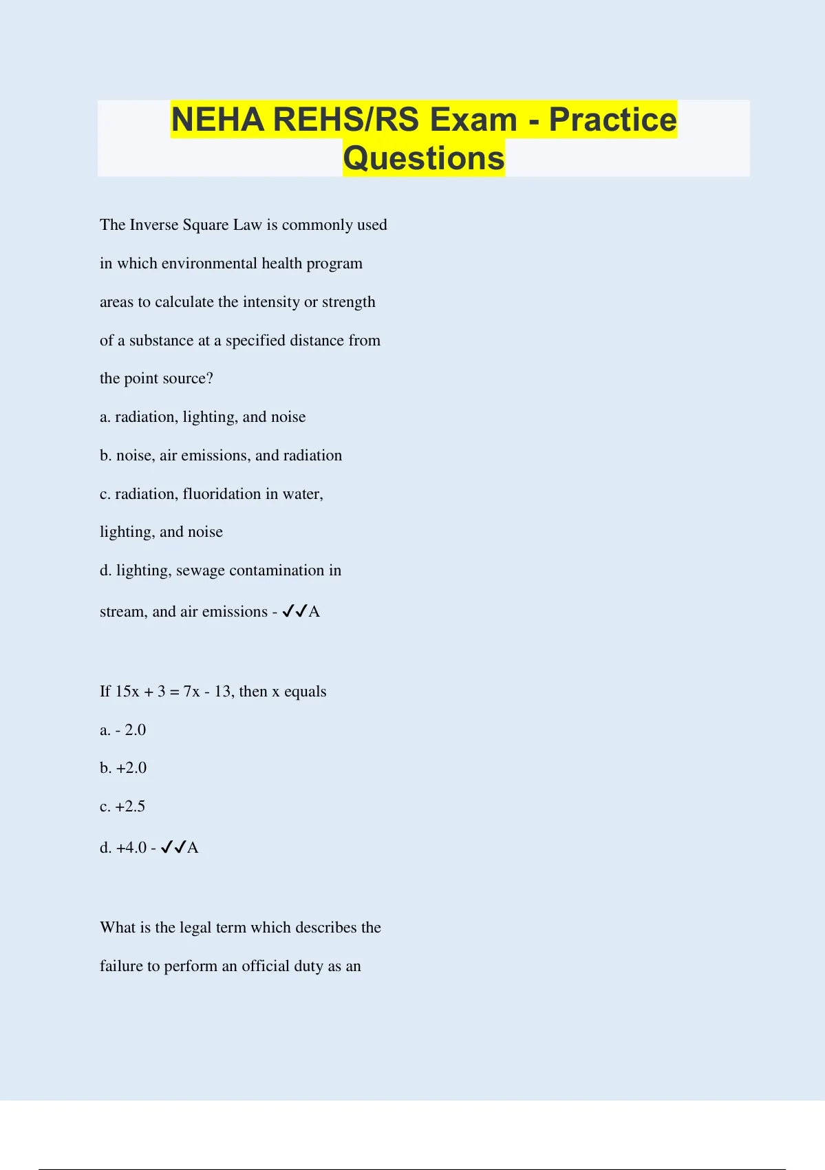 NEHA REHS RS Exam Practice Questions Questions With 100 Correct Answers Verified 2023 NEHA REHS RS Stuvia US