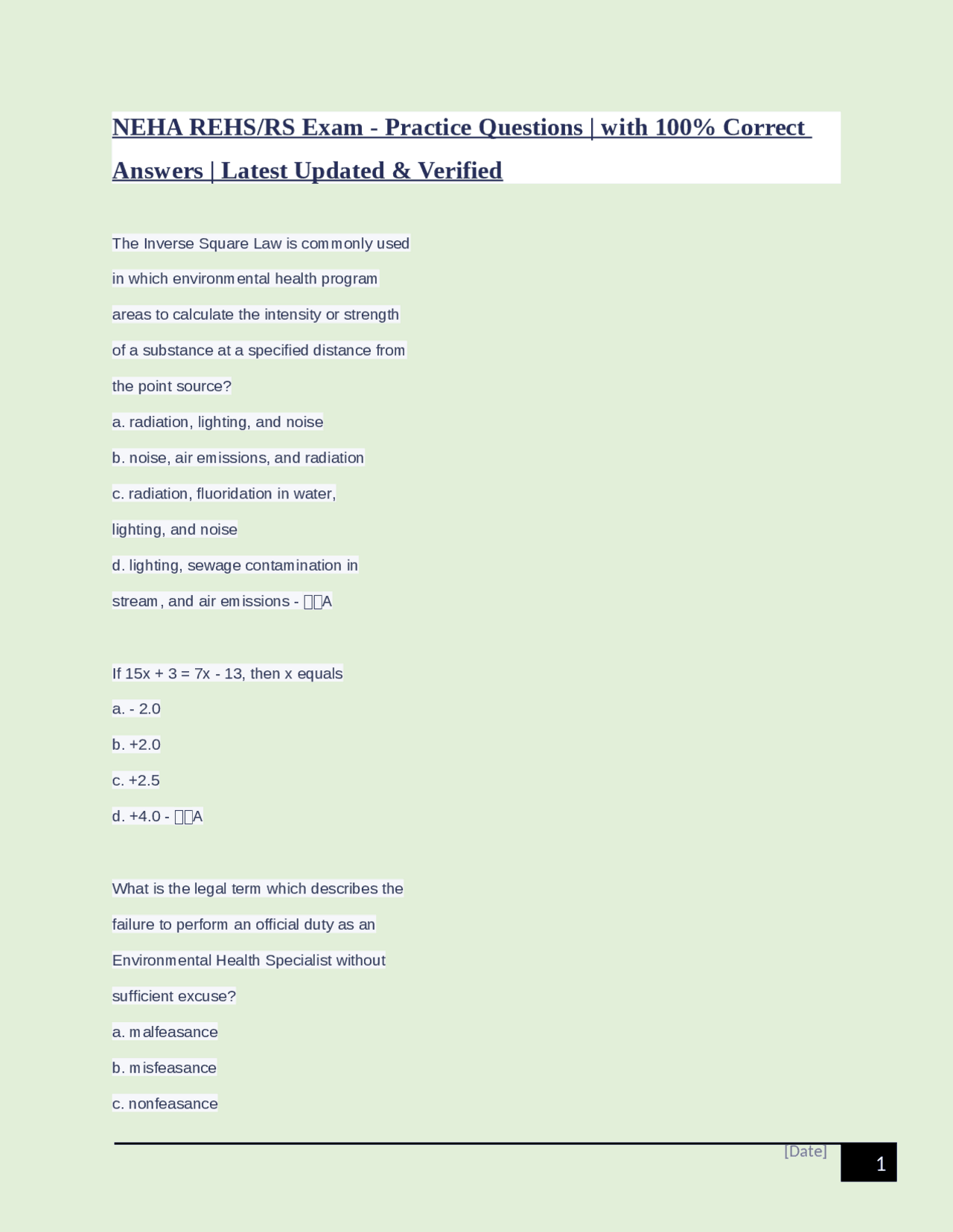 NEHA REHS RS Exam Practice Questions With 100 Correct Answers Exams Nursing Docsity NEHA REHS RS Exam Practice Questions With 100 Correct Answers Exams Nursing Docsity
