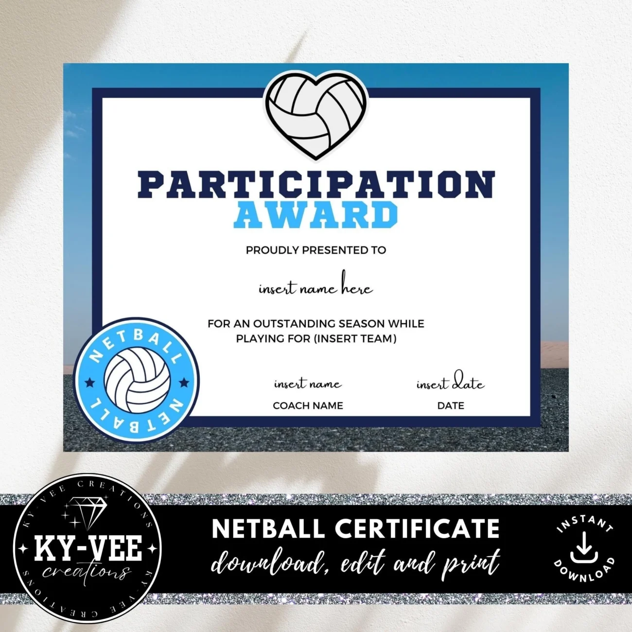 Netball Certificate Template INSTANT DOWNLOAD Printable Participation Award Editable Canva Template DIY Coach Reward For Sports Team Etsy
