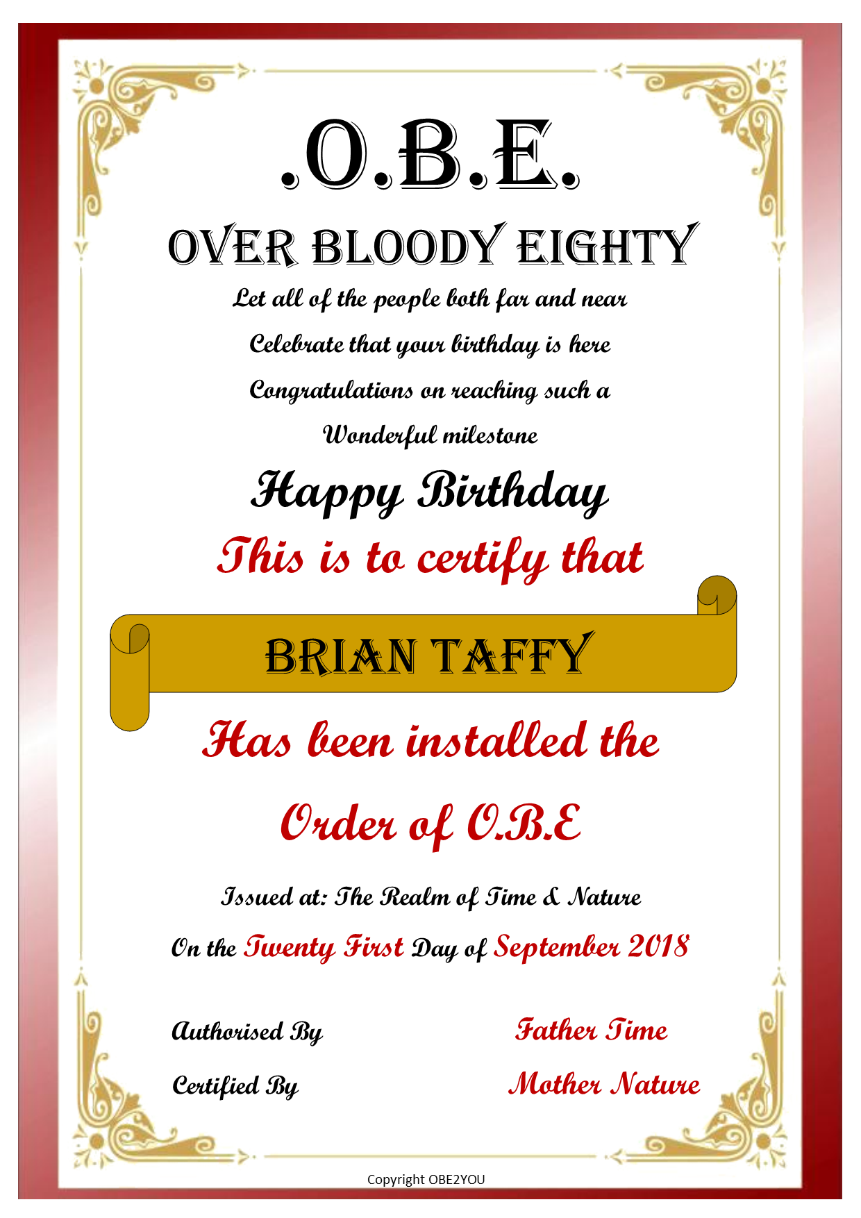 Over Bloody Eighty OBE Birthday Edition Certificate And Medal Set OBE2YOU