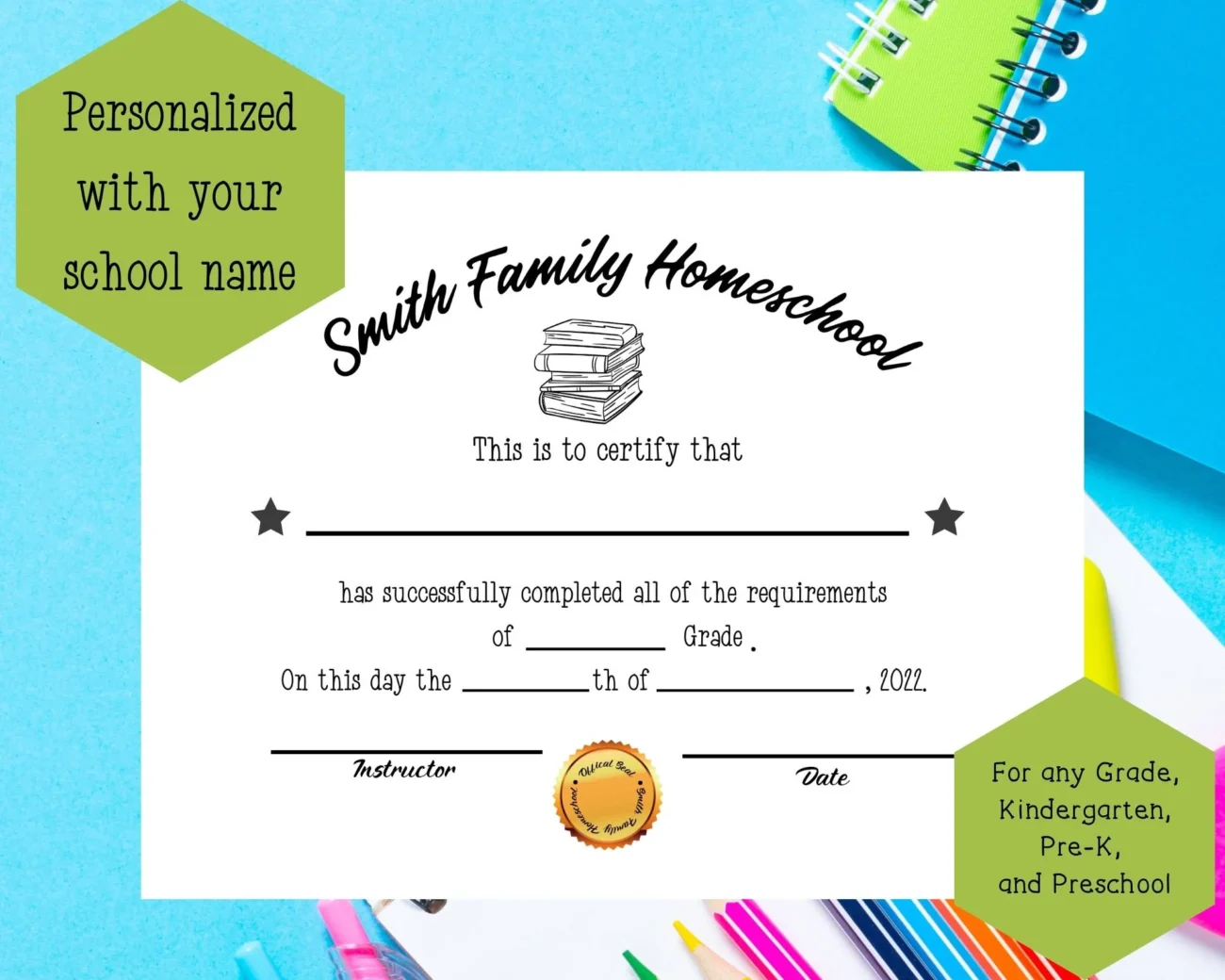 Personalized Printable Certificate Of Completion Any Grade Kindergarten Pre k Preschool Homeschool Certificate Of Completion Etsy