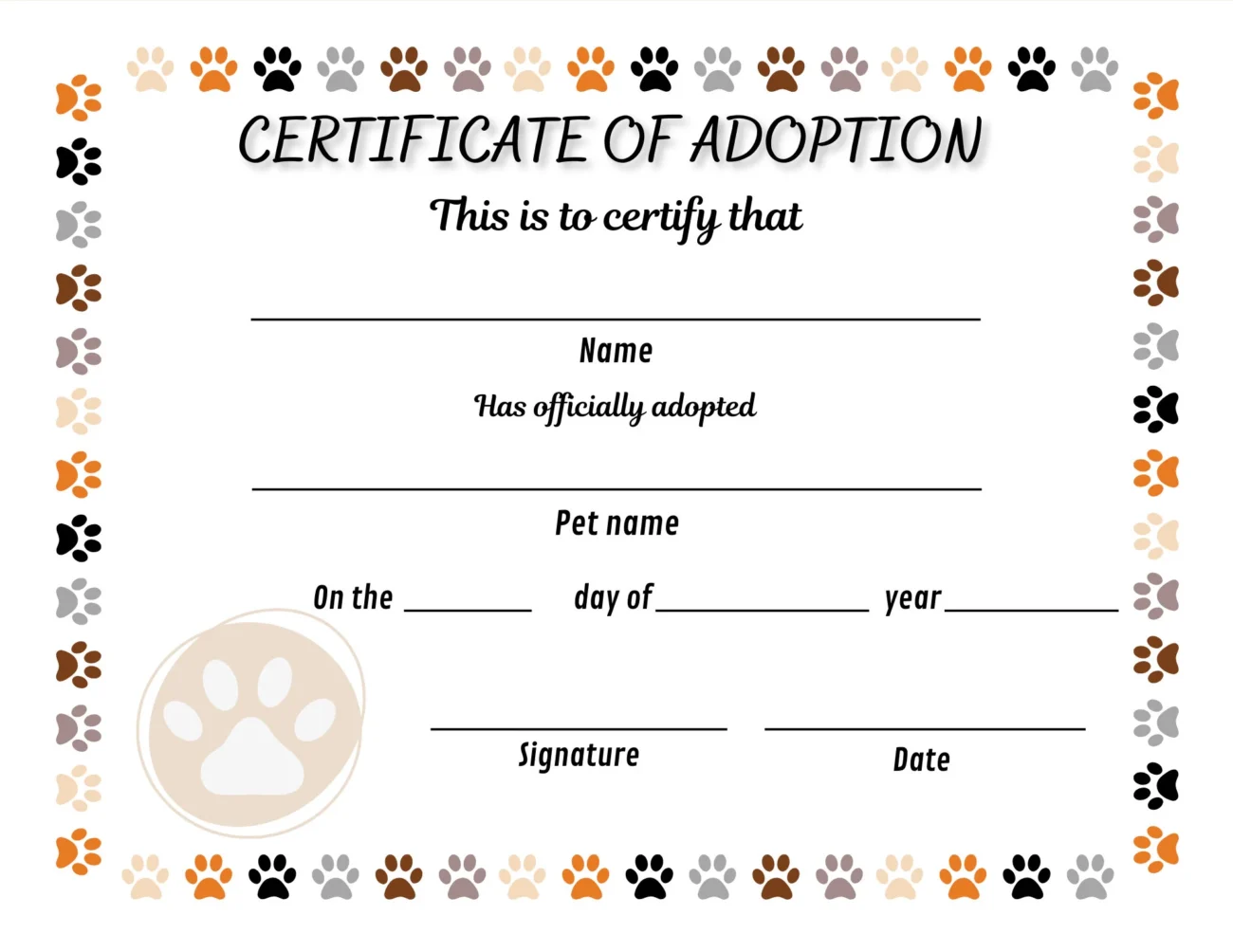 Pet Adoption Certificate Dog Cat Turtle Rabbit Fish printable PDF Etsy