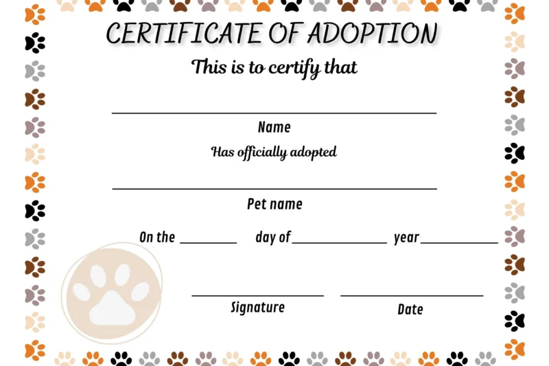 Printable Adoption Certificate Dog