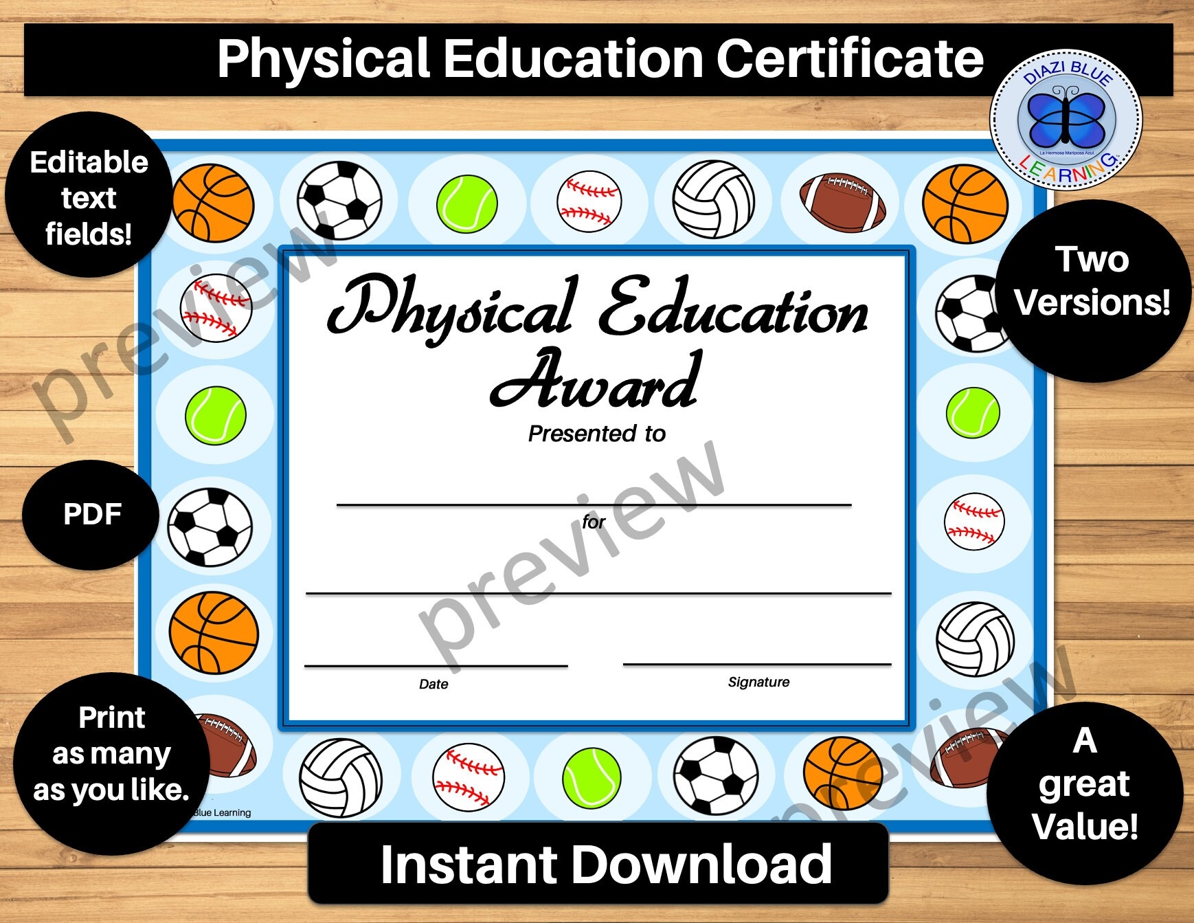 Physical Education Certificate PE Certificate Editable PE Certificate PDF Certificates End Of Year Certificates Certificates Template Etsy