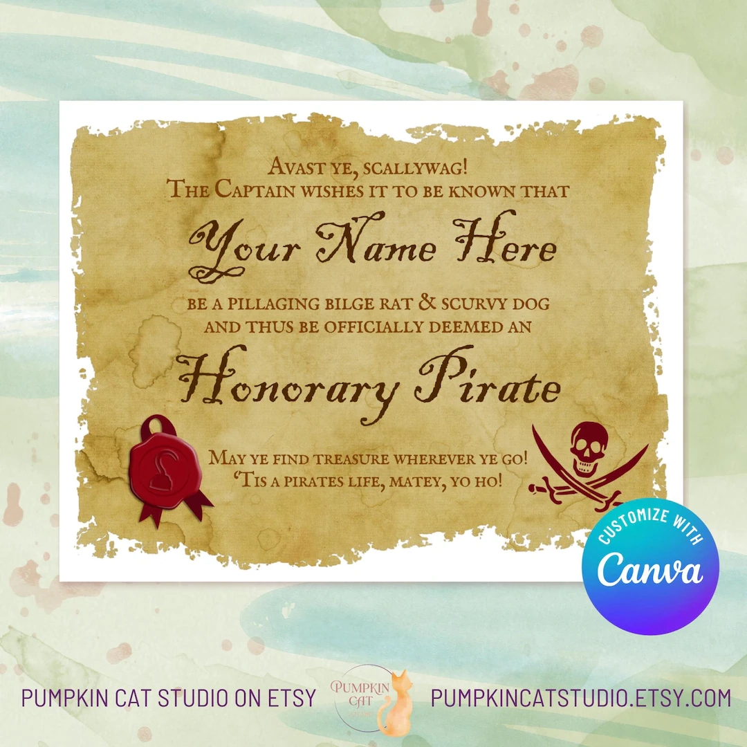 Pirate Parchment Certificate 11x8 5 Editable Canva Template Personalized Printable Custom Birthday Gift For Boys Party Favor Etsy