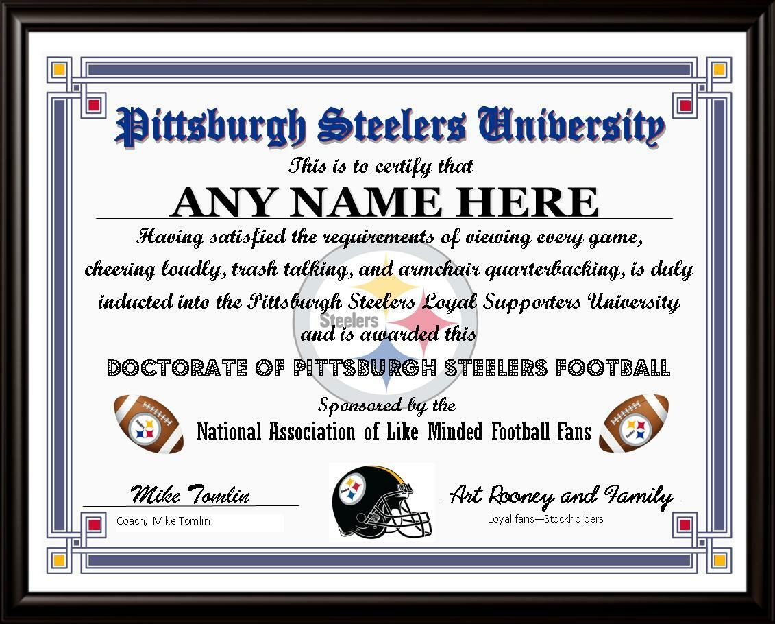 PITTSBURGH STEELERS FOOTBALL FAN PERSONALIZED CERTIFICATE DIPLOMA SPORTS GIFT EBay
