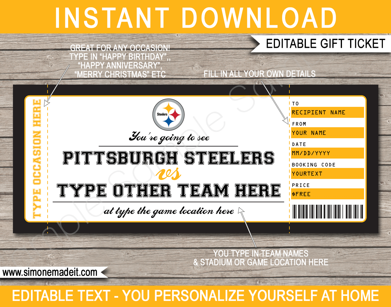 Pittsburgh Steelers Game Ticket Gift Voucher Printable Surprise Football Tickets