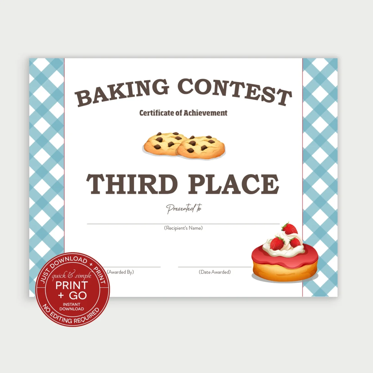 Printable Baking Contest Award Winner Certificate Third Place Winner Award Dessert Competition NO EDITING Required Just Download Print Etsy