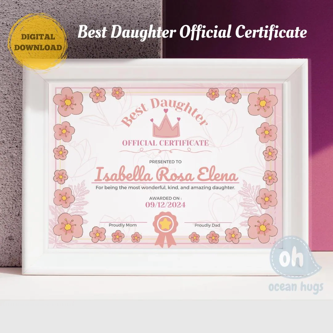Printable Best Daughter Certificate Editable Template On Canva Instant Download Kids Gift Little Girl Award Document PDF Fun Recognition Etsy
