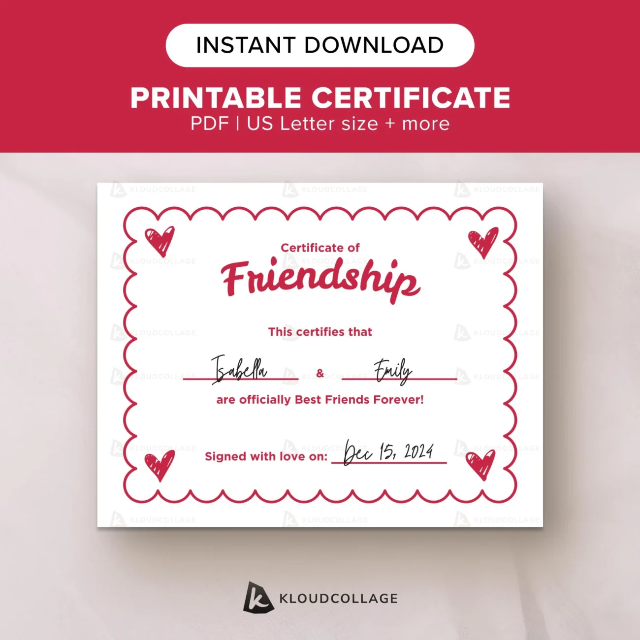 Printable Best Friend Certificate Cute Friendship Award Template Fun Gift For Besties BFF Best Friend Appreciation Instant PDF Download Etsy