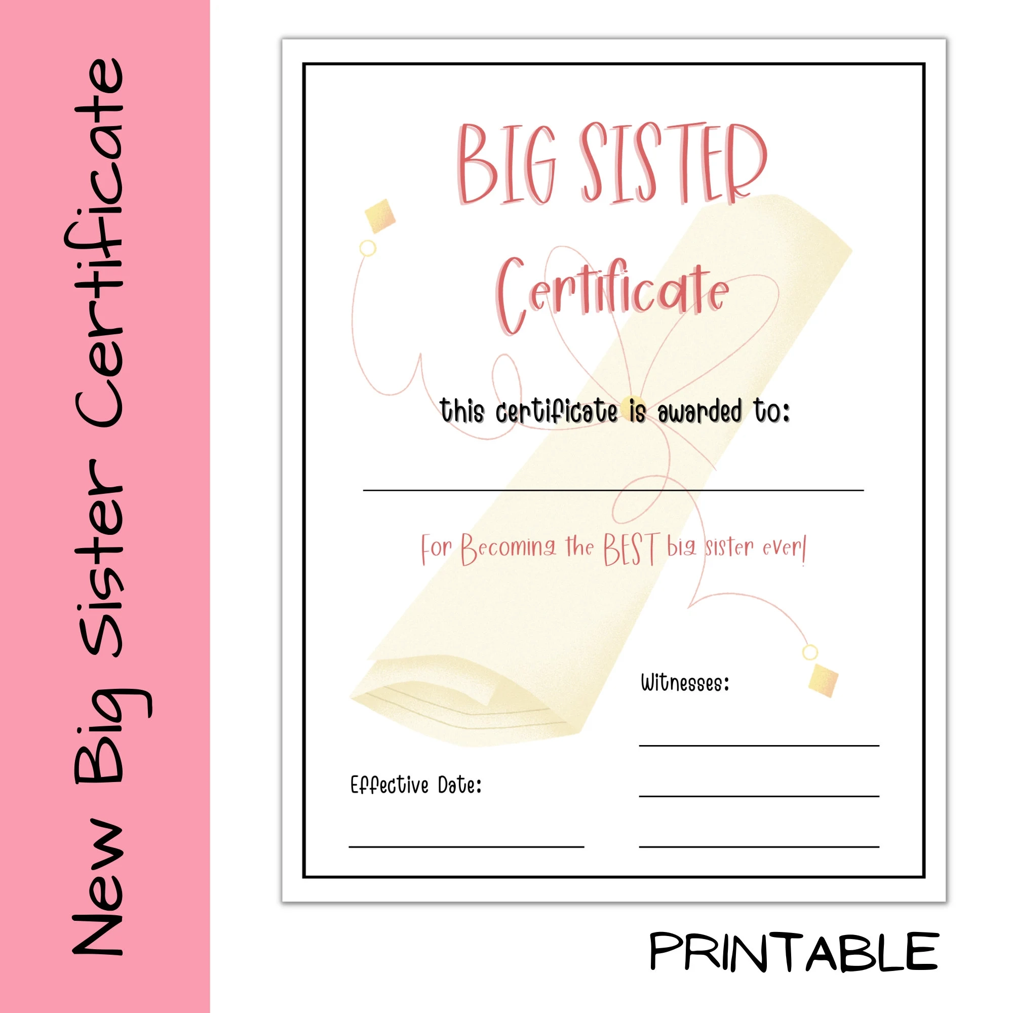 Printable Big Sister Certificate Promoted To Big Sister Instant Download Etsy