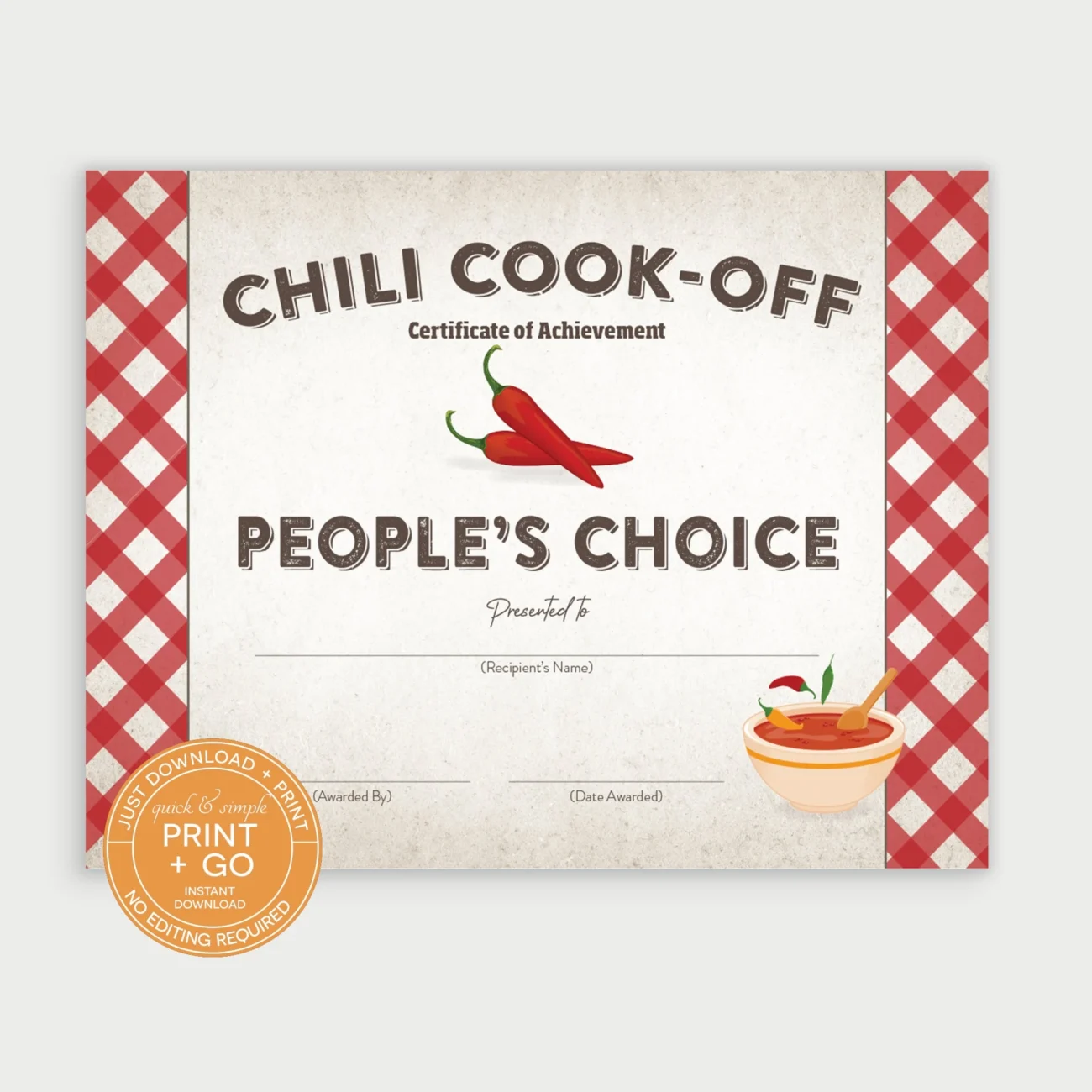 Printable Chili Cook off Award Winner Certificate People s Choice Prize Winner Award NO EDITING Required Just Download Print Etsy