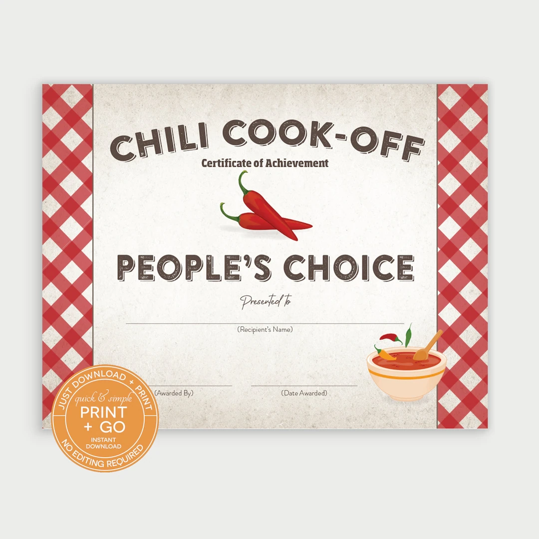 Printable Chili Cook off Award Winner Certificate People s Choice Prize Winner Award NO EDITING Required Just Download Print Etsy