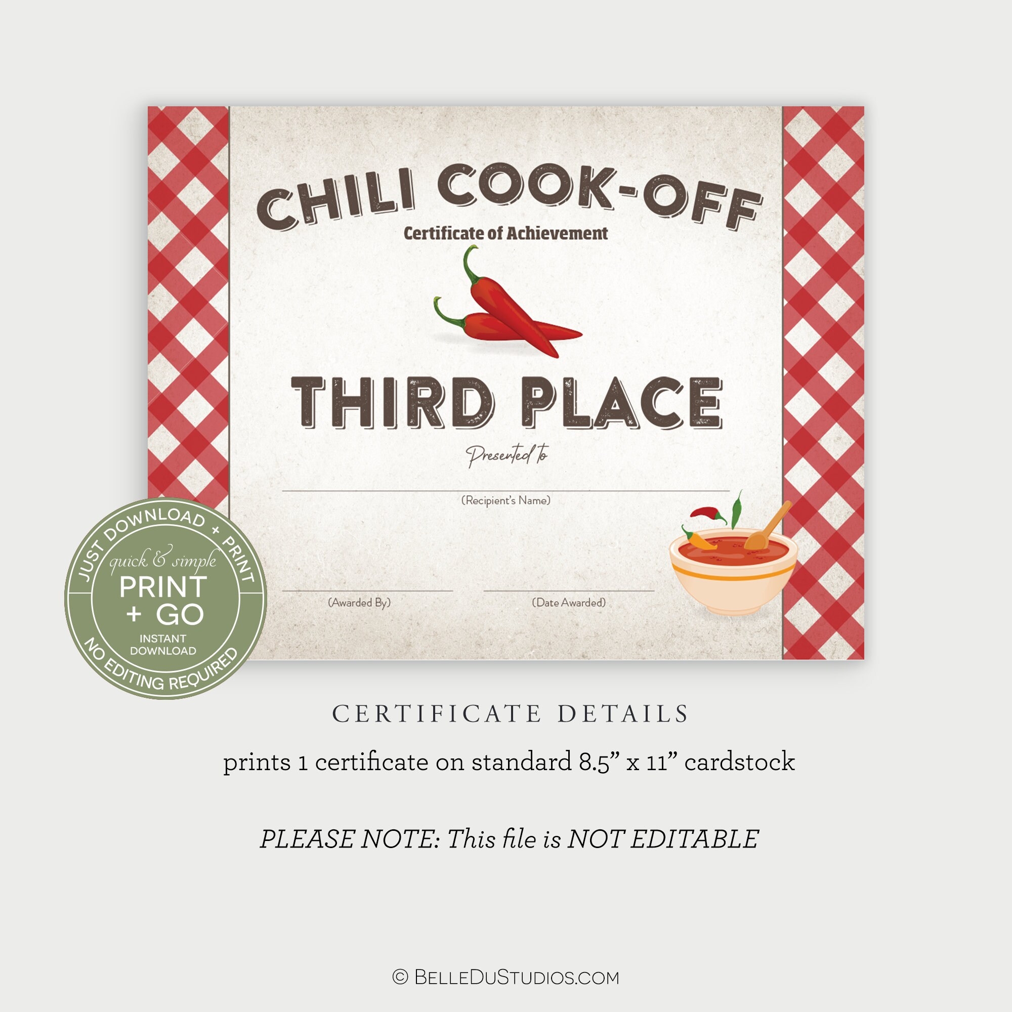 Printable Chili Cook off Award Winner Certificate Third Place Place Prize Winner Award NO EDITING Required Just Download Print Etsy