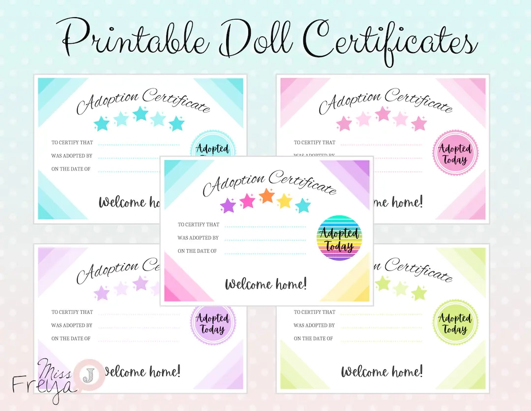Printable Doll Adoption Certificate For Doll Customisers Blythe Doll Artists Reborn Artists 5 Designs Etsy