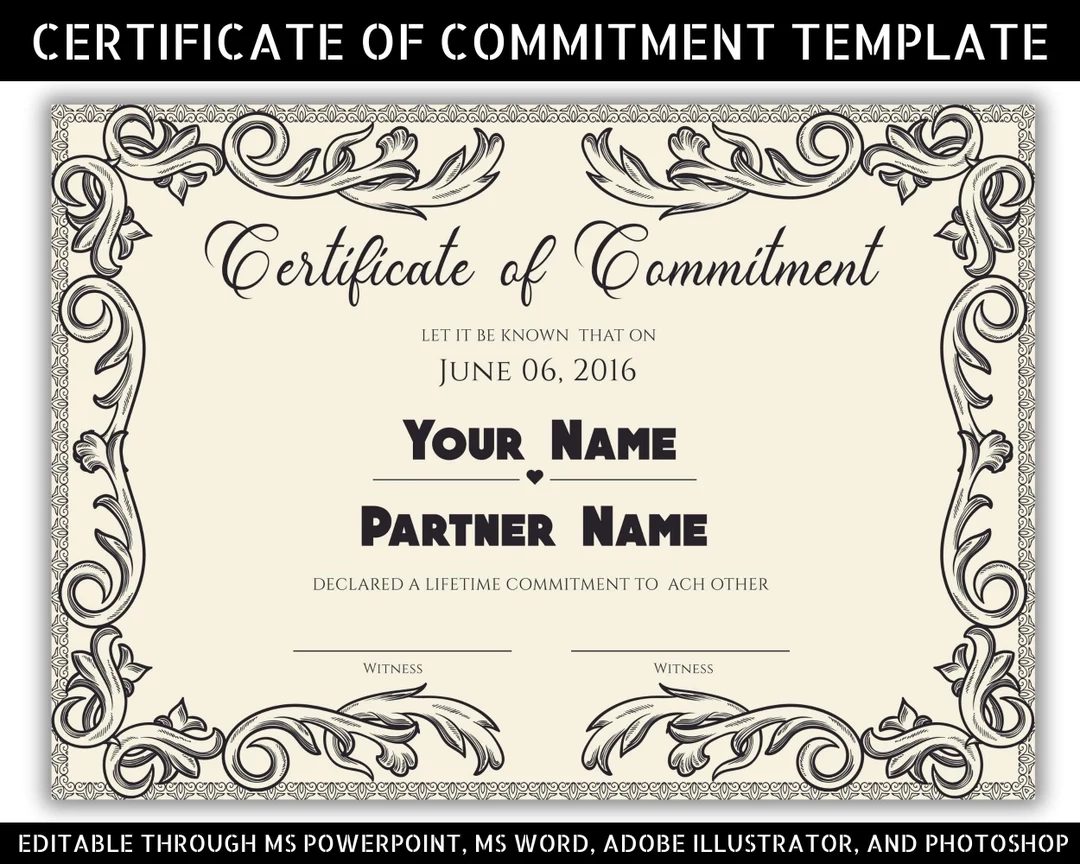 Printable Editable Certificate Of Commitment Template Commitment Ceremony Certificate Commitment Certificate Etsy