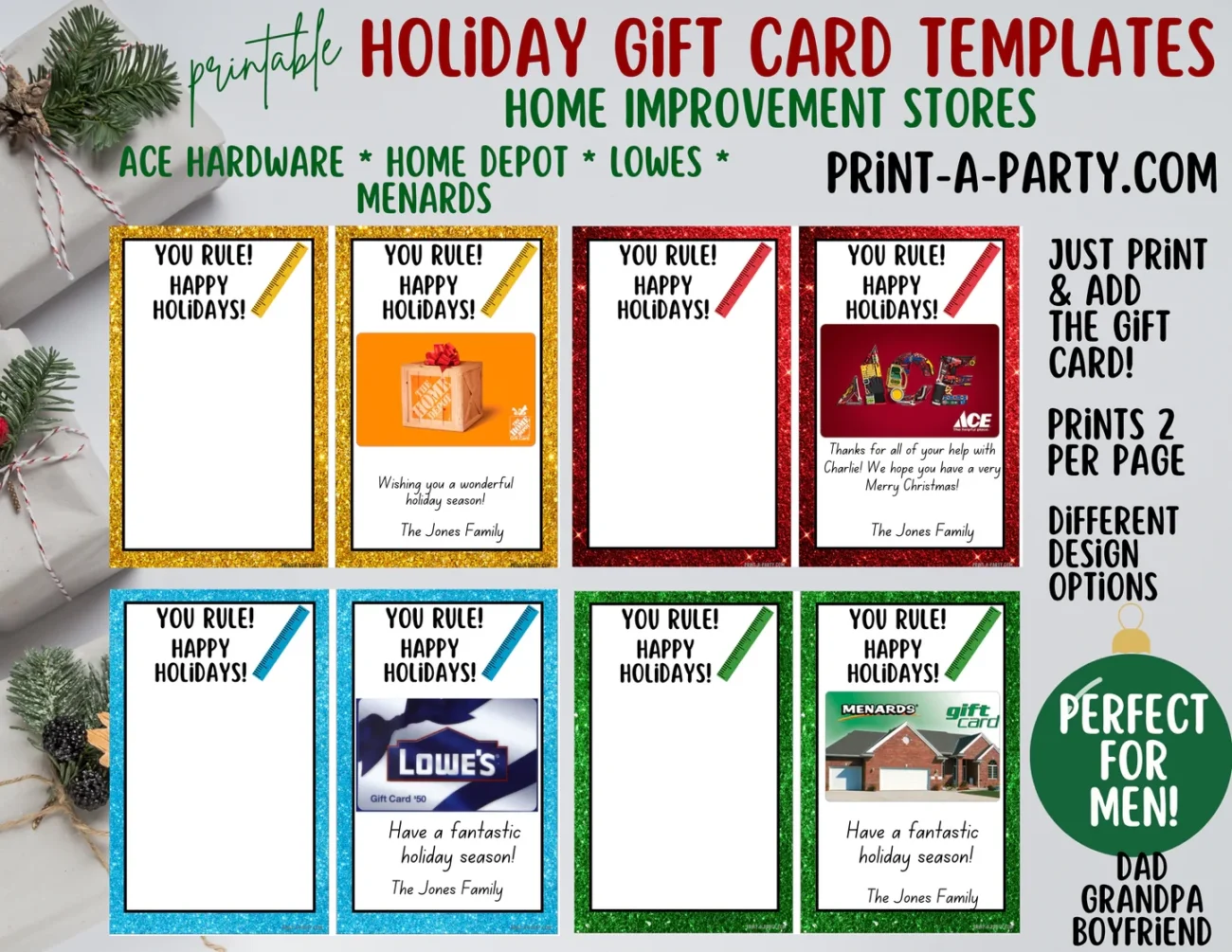 Printable GIFT CARD Templates Home Improvement Lowes Home Depot Ace True Value Menards INSTANT DOWNLOAD Use Each Year PrintAParty