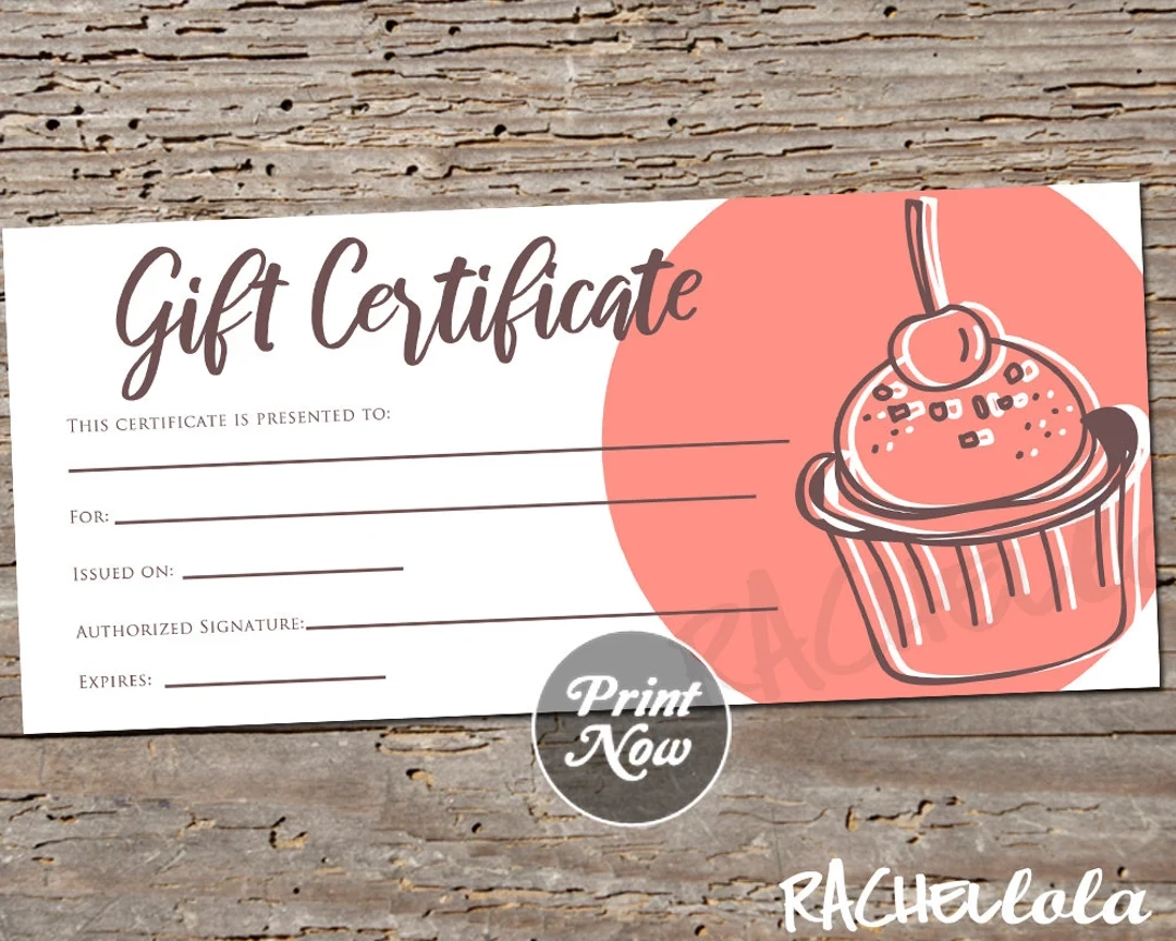 Printable Gift Certificate Cupcake Fillable Template Bakery Coupon Voucher Baking Class Lesson Restaurant Dessert Instant Download Etsy