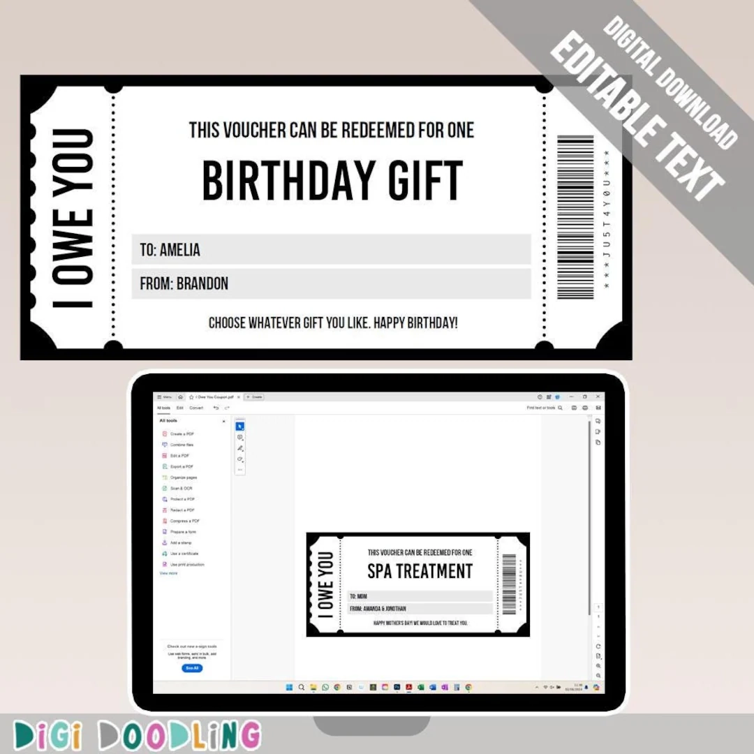 Printable I Owe You Coupon Template Birthday Gift Voucher editable PDF Etsy