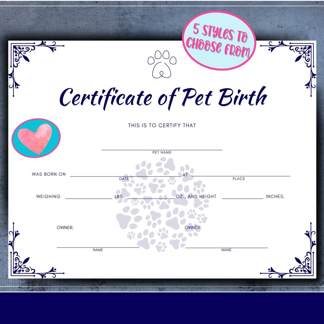PRINTABLE Pet Birth Certificate 5 Birth Certificates For Animal s Record Of Birth Print Fill In And Frame For You Or Give As A Gift Etsy