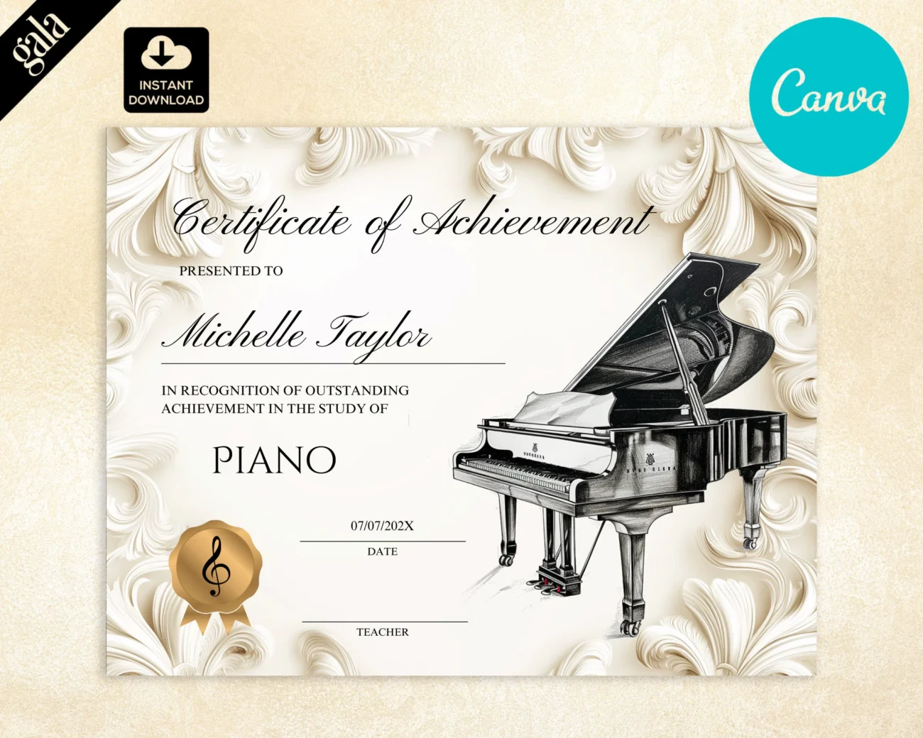 Printable Piano Certificate Of Achievement Canva Template 8 5x11 Etsy