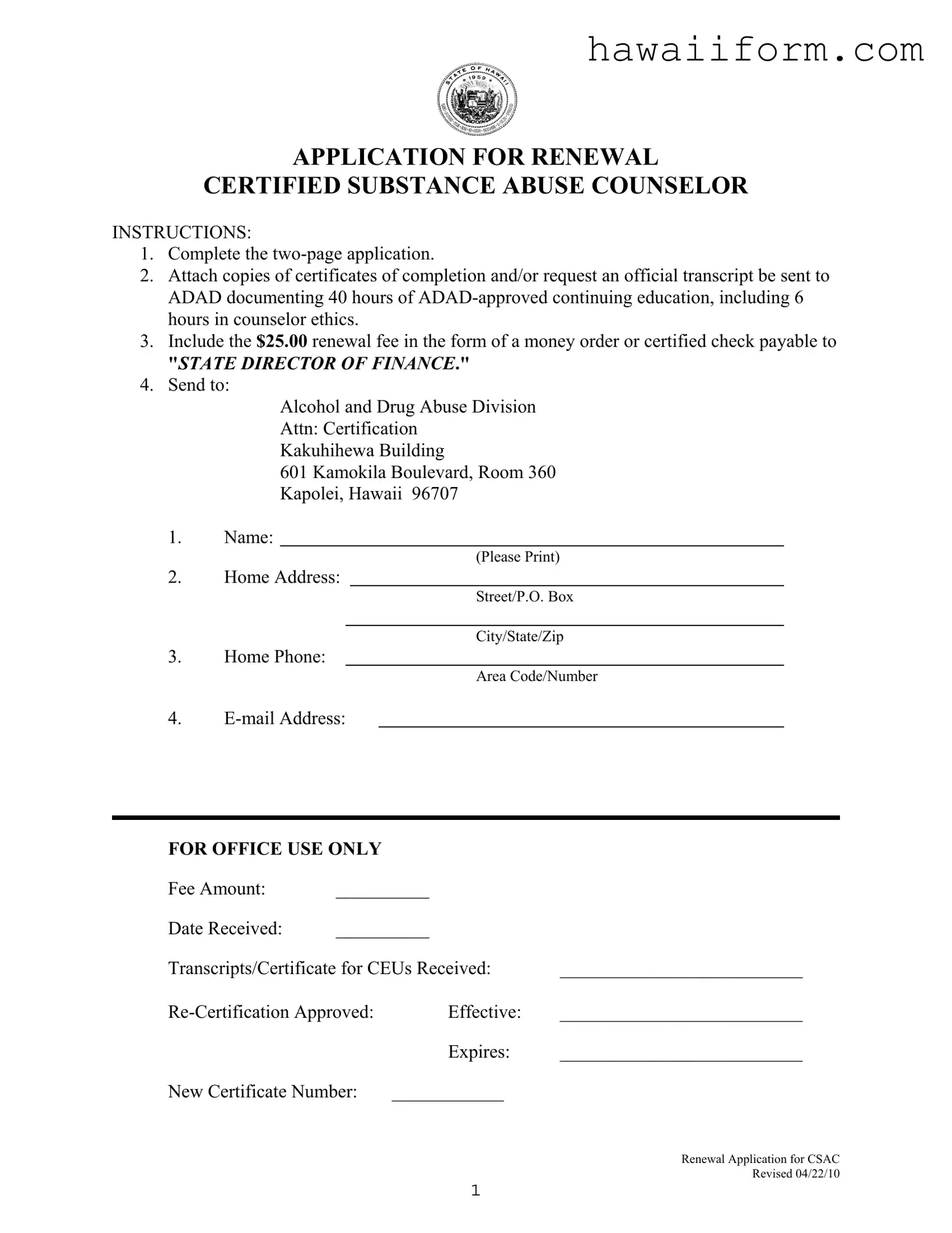Printable Renewal Csac Form In PDF All Hawaii Forms