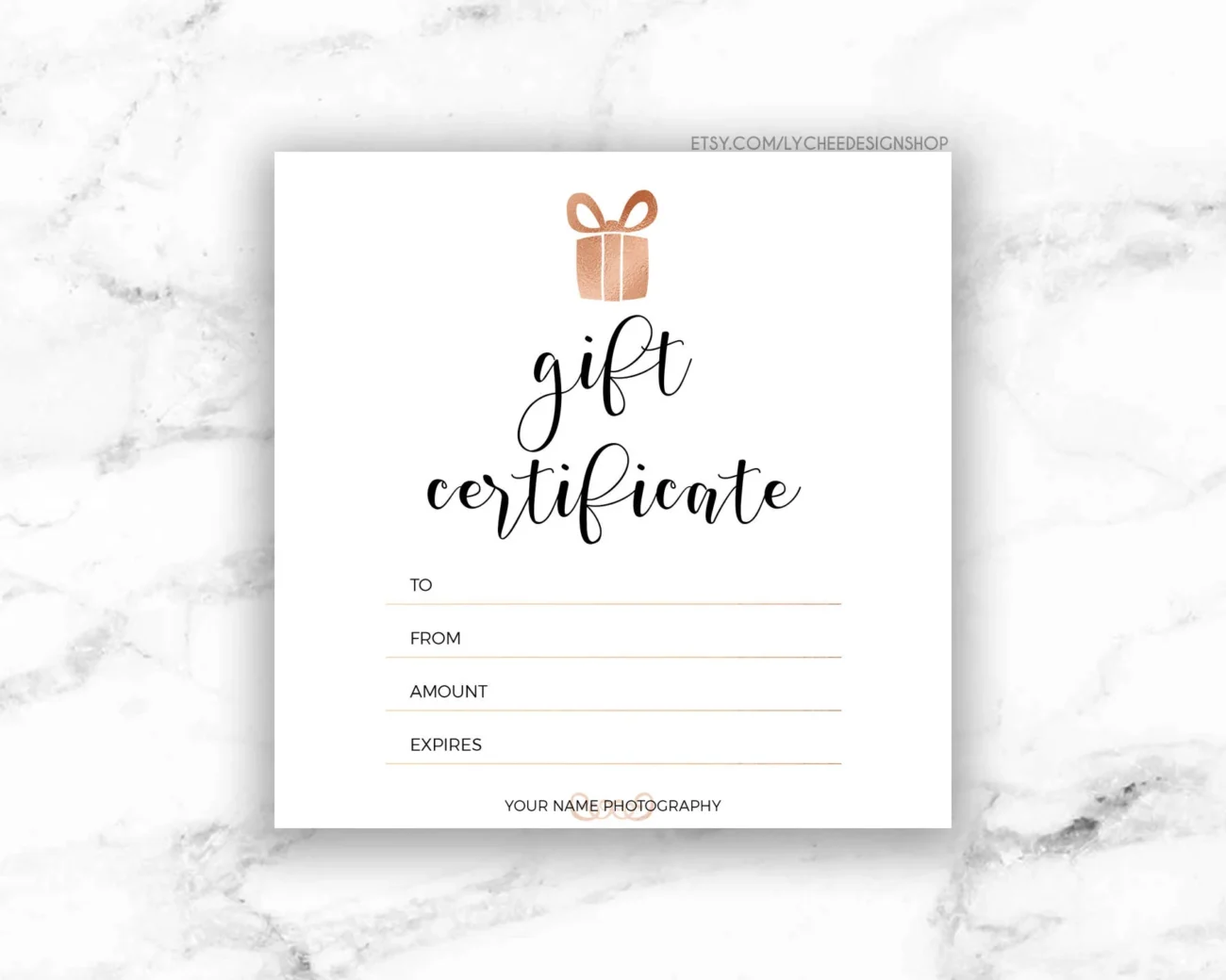Printable Rose Gold Gift Certificate Template Editable Photography Studio Gift Card Design Photoshop Template PSD INSTANT DOWNLOAD Etsy