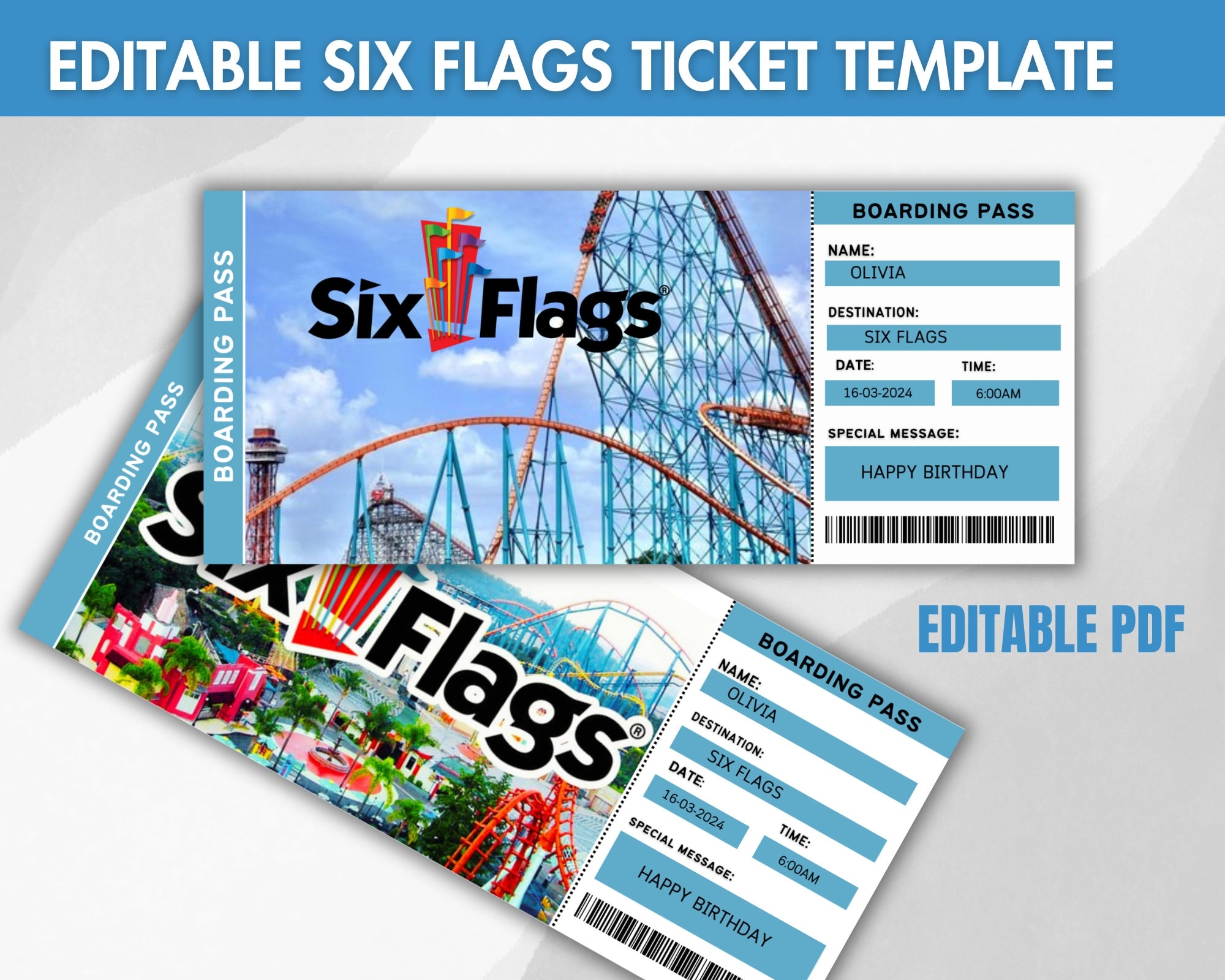 Printable Six Flags Surprise Ticket Editable Boarding Pass PDF Etsy