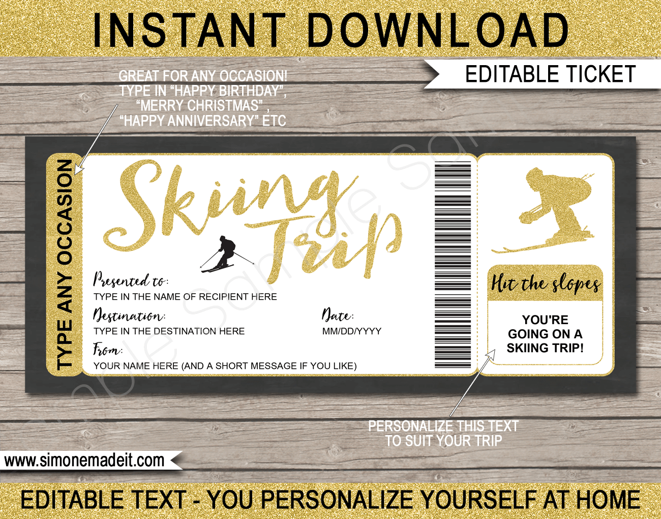 Printable Ski Trip Gift Voucher Template Editable Skiing Gift Ticket