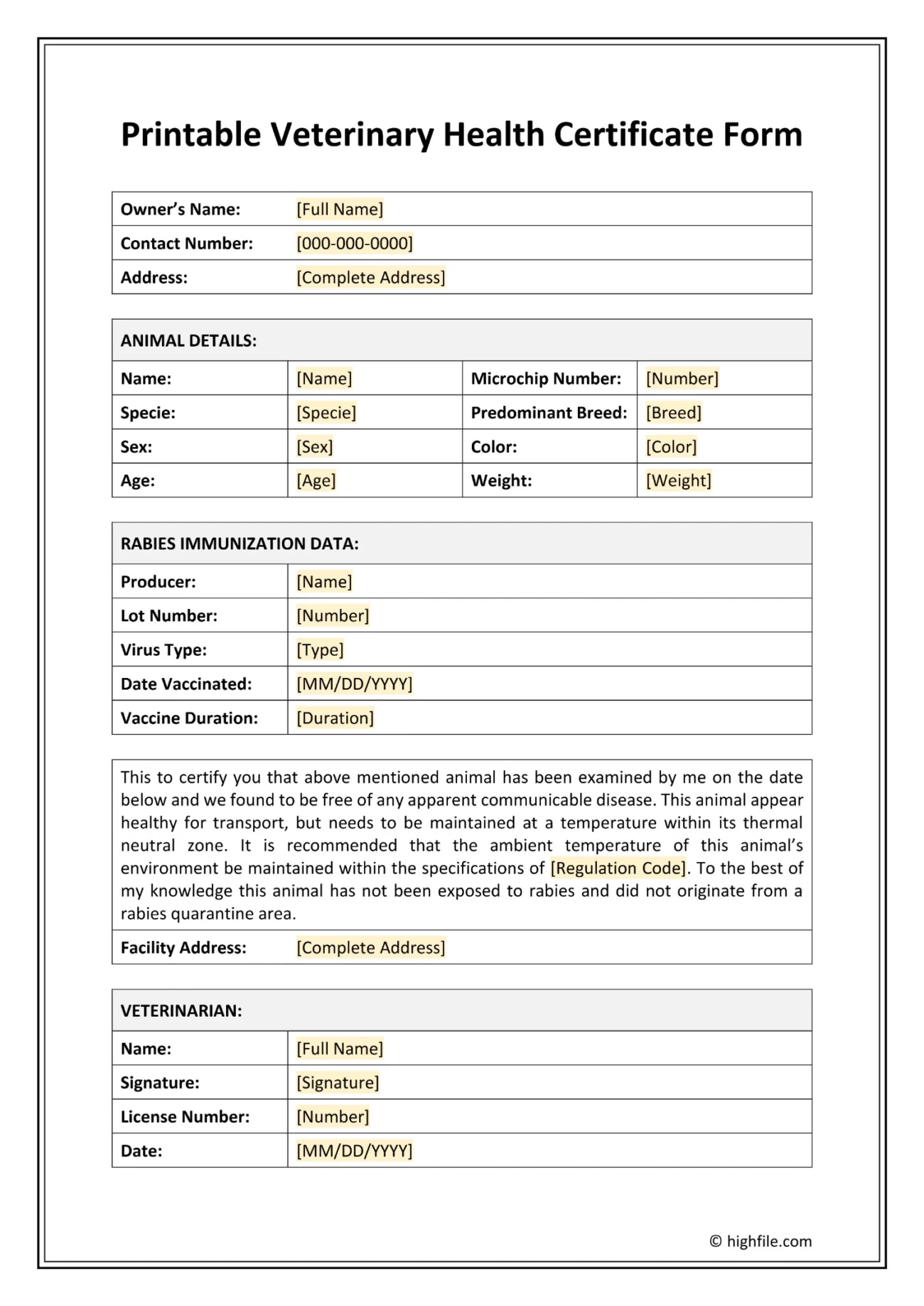 Printable Veterinary Health Certificate Form Word PDF Docs