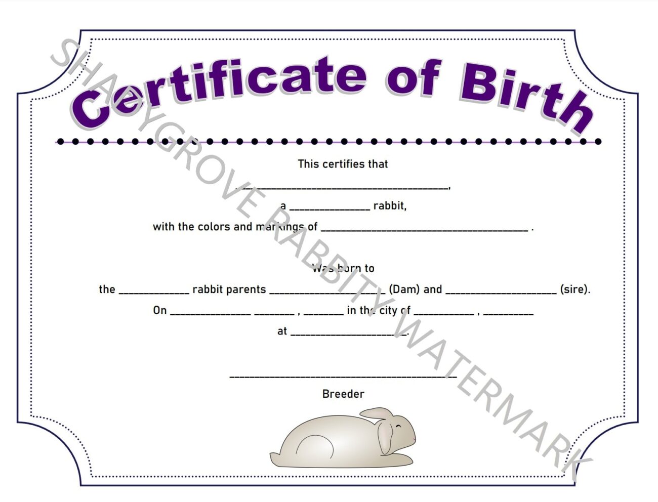 Rabbit Customizable Birth Certificate PDF Digital Download
