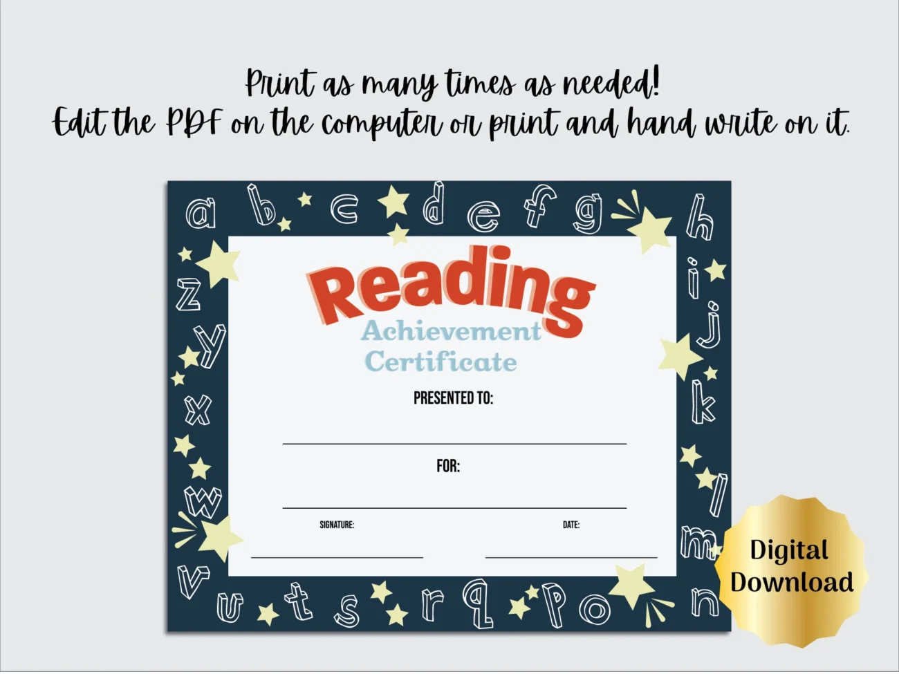 Reading Certificate Template Award Of Recognition Editable PDF Digital Download Classroom Award End Of The Year Award Etsy