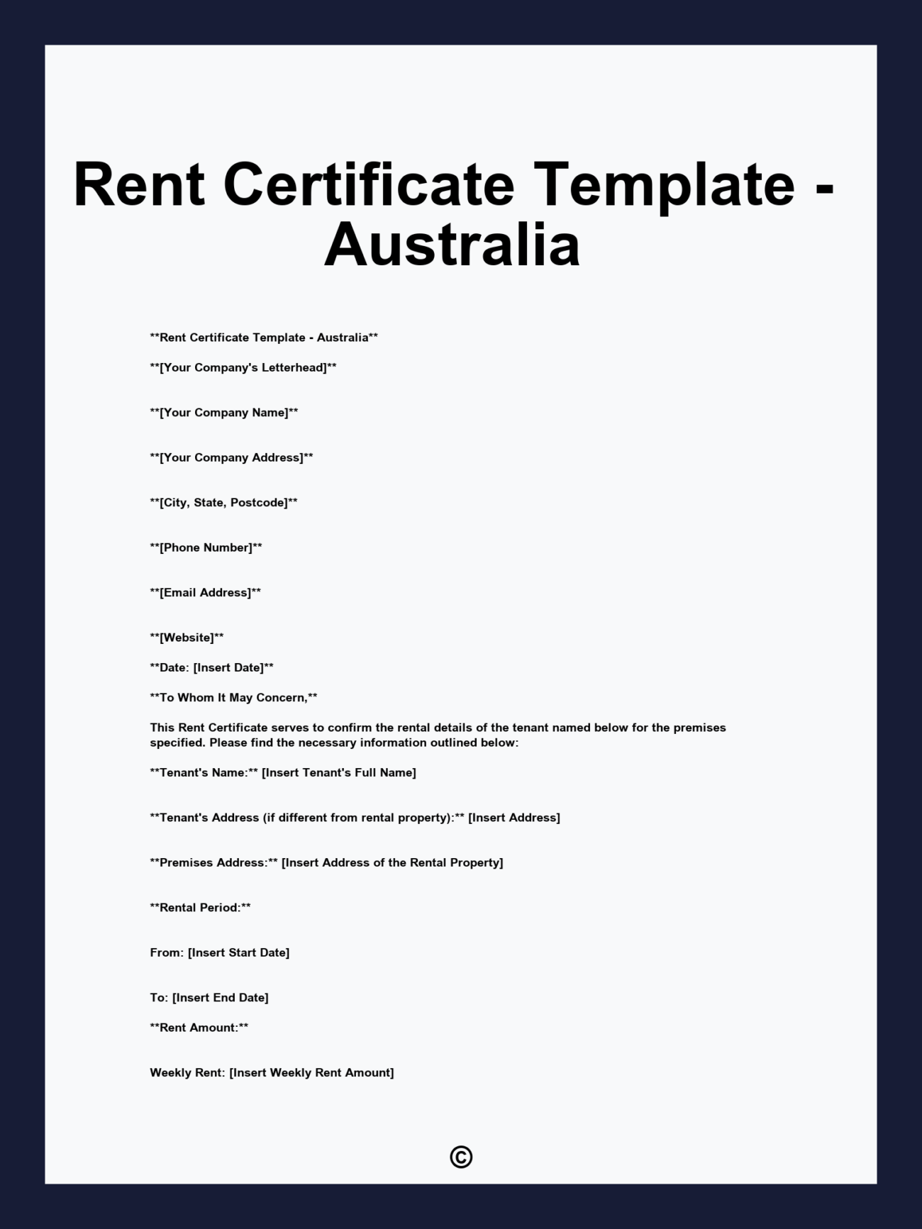 Rent Certificate Template Australia