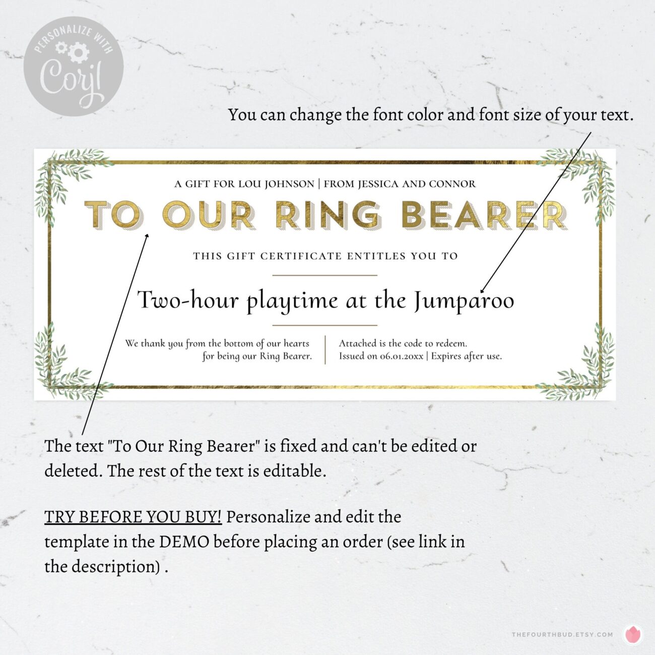 Ring Bearer Gift Certificate Template Minimalist Wedding Party Ticket Coupon Voucher With Gold Accents CORJL Etsy
