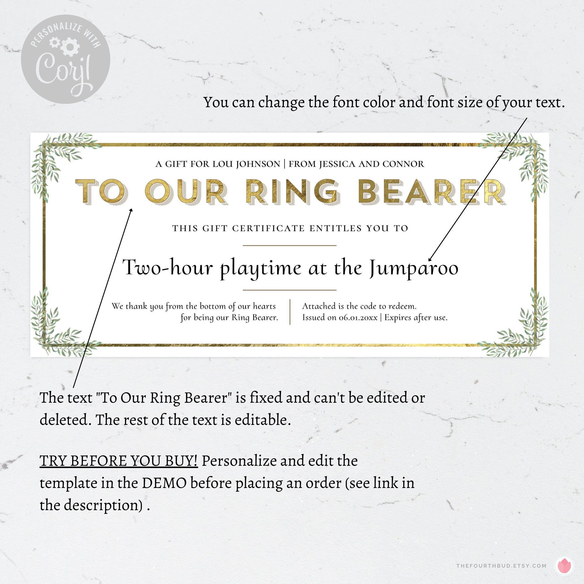 Ring Bearer Gift Certificate Template Minimalist Wedding Party Ticket Coupon Voucher With Gold Accents CORJL Etsy Ring Bearer Gift Certificate Template Minimalist Wedding Party Ticket Coupon Voucher With Gold Accents CORJL Etsy
