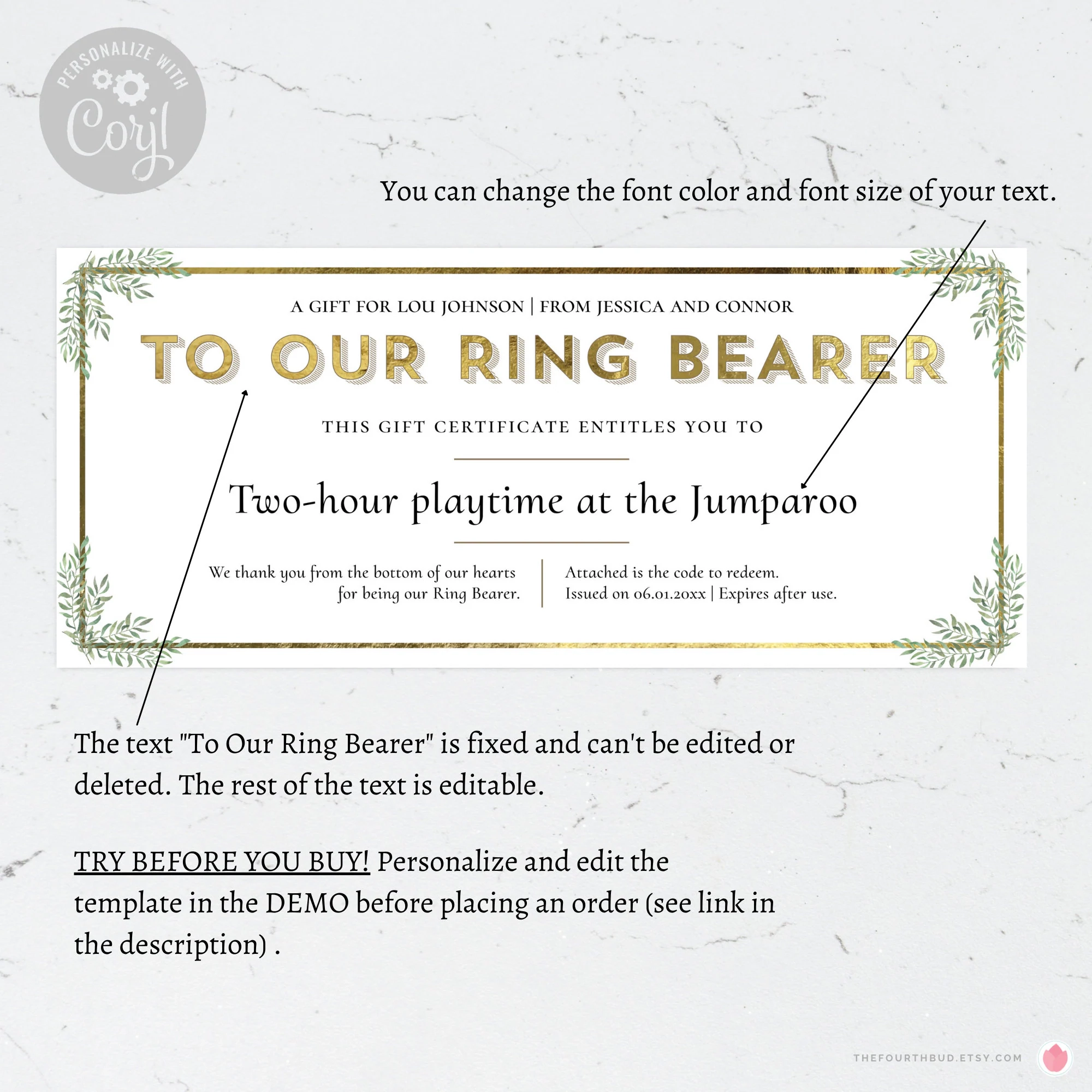 Ring Bearer Gift Certificate Template Minimalist Wedding Party Ticket Coupon Voucher With Gold Accents CORJL Etsy Ring Bearer Gift Certificate Template Minimalist Wedding Party Ticket Coupon Voucher With Gold Accents CORJL Etsy