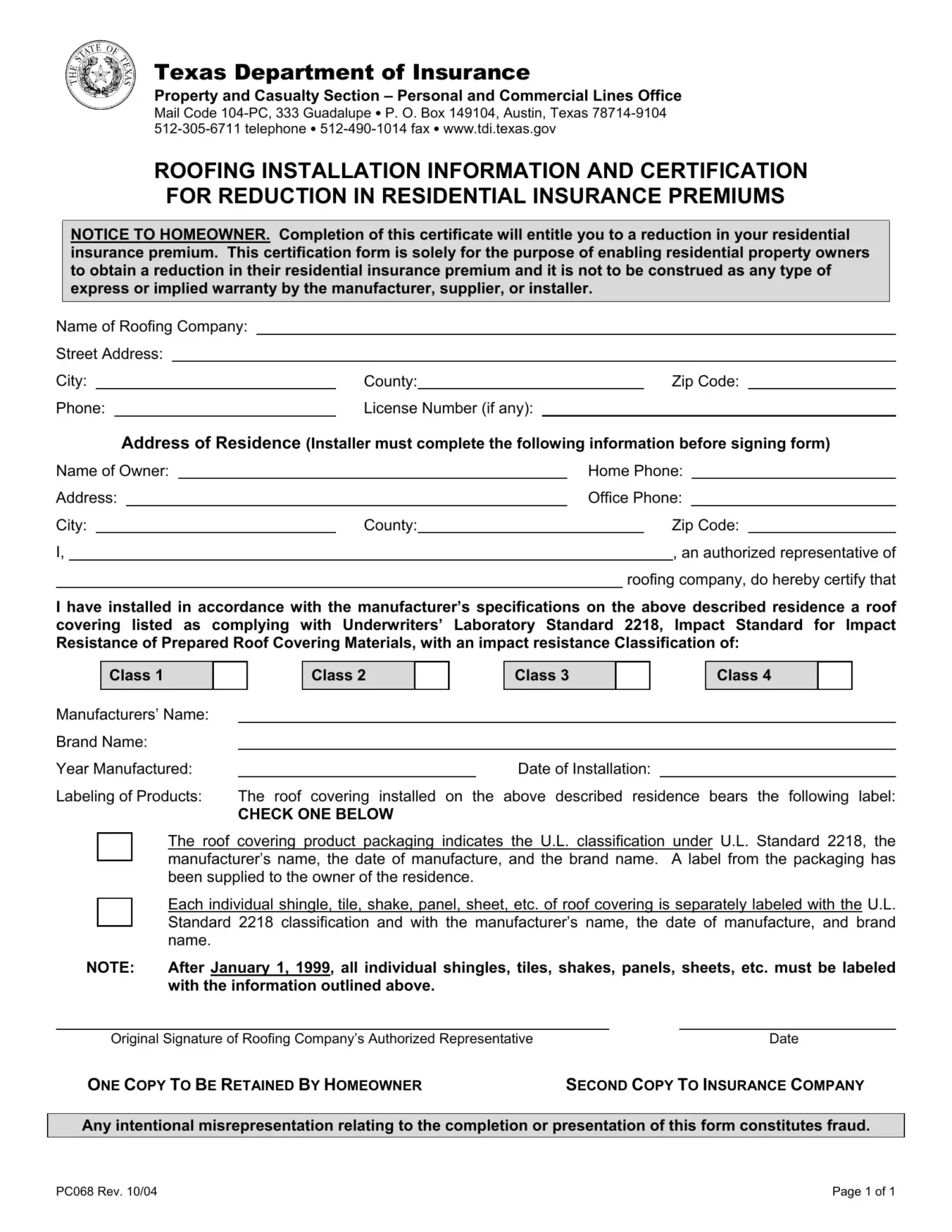 Roofing Certificate Form Fill Out Printable PDF Forms Online