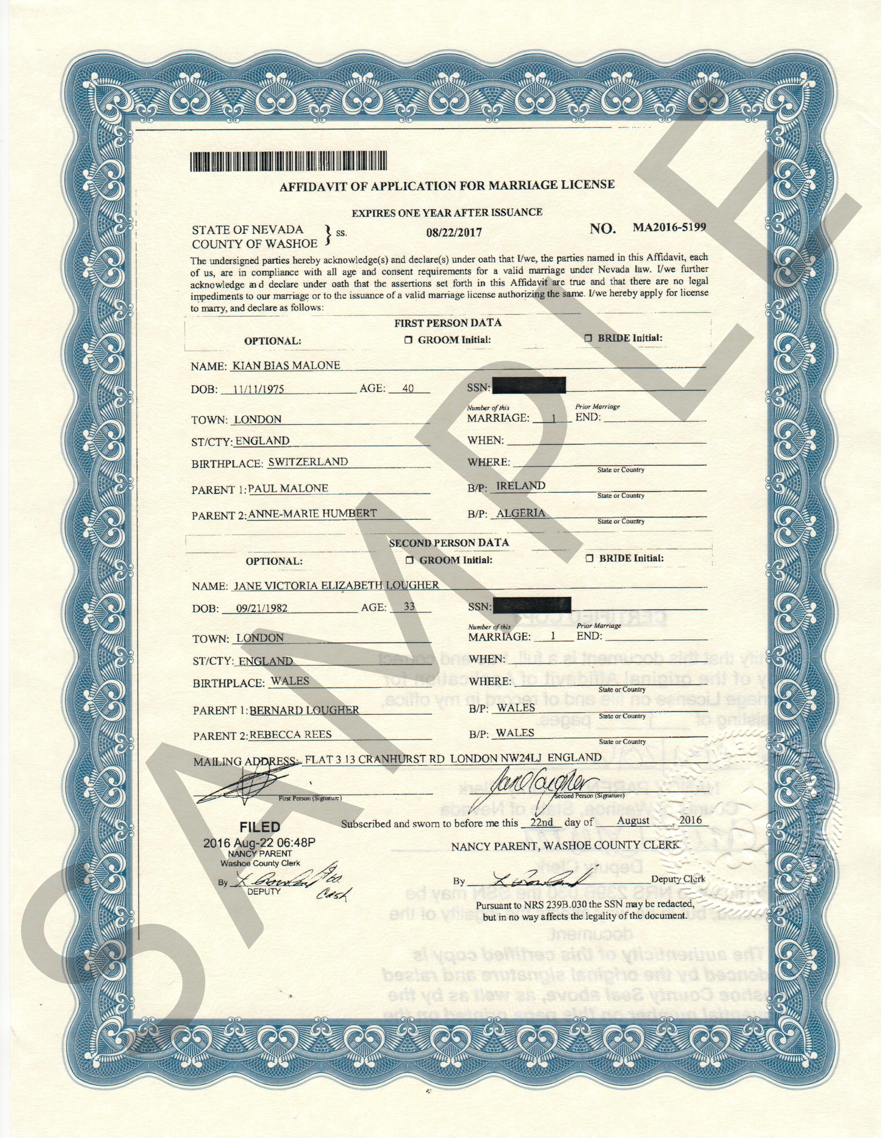 Sample Certificates Nevada Document Retrieval Service