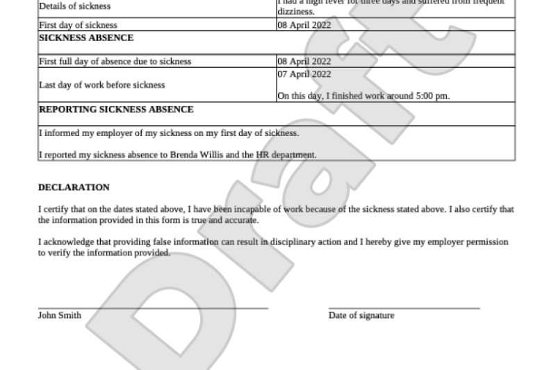 Printable Self Certification Sick Note