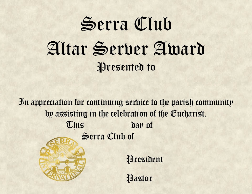 Serra Altar Server Award Certificate set Of 10 Vianney Vocations