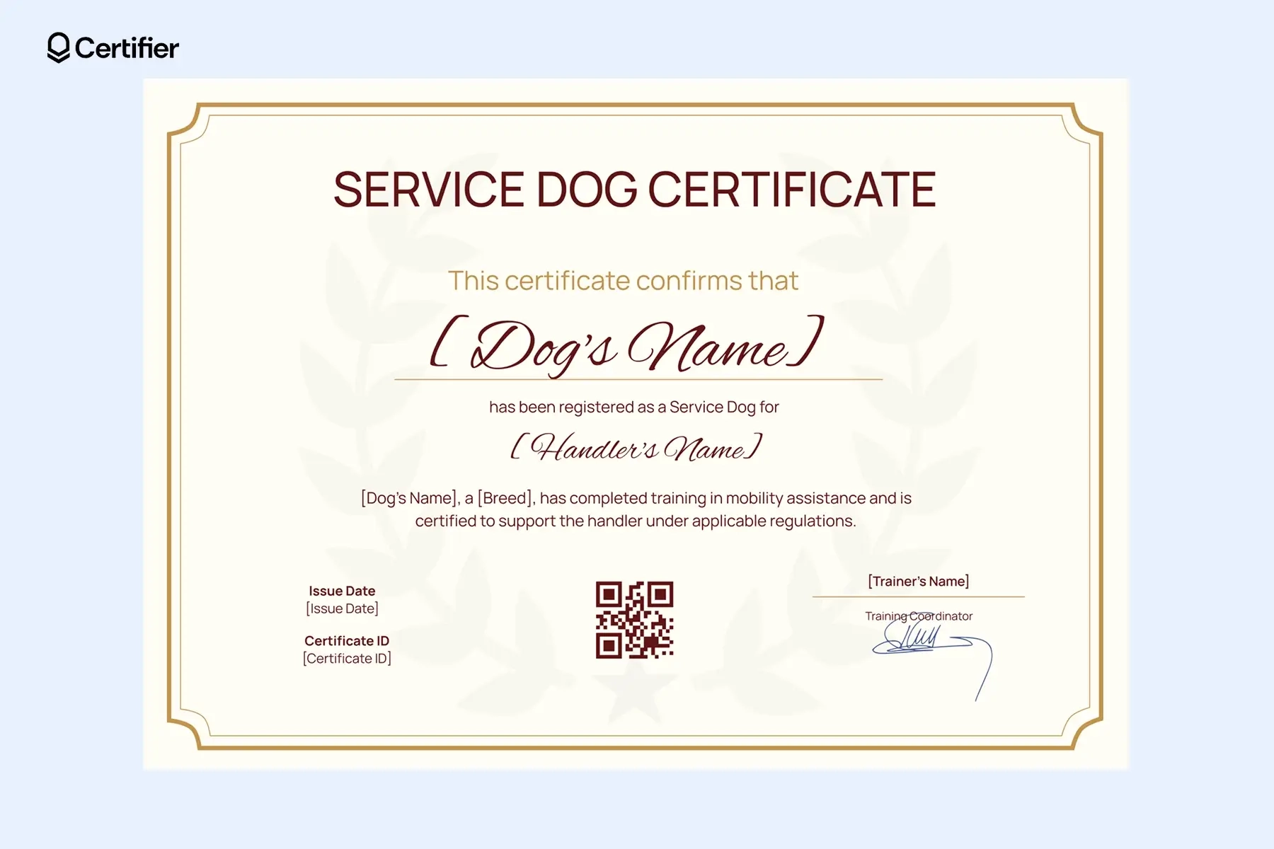 Service Dog Certificate Templates Free Customizable