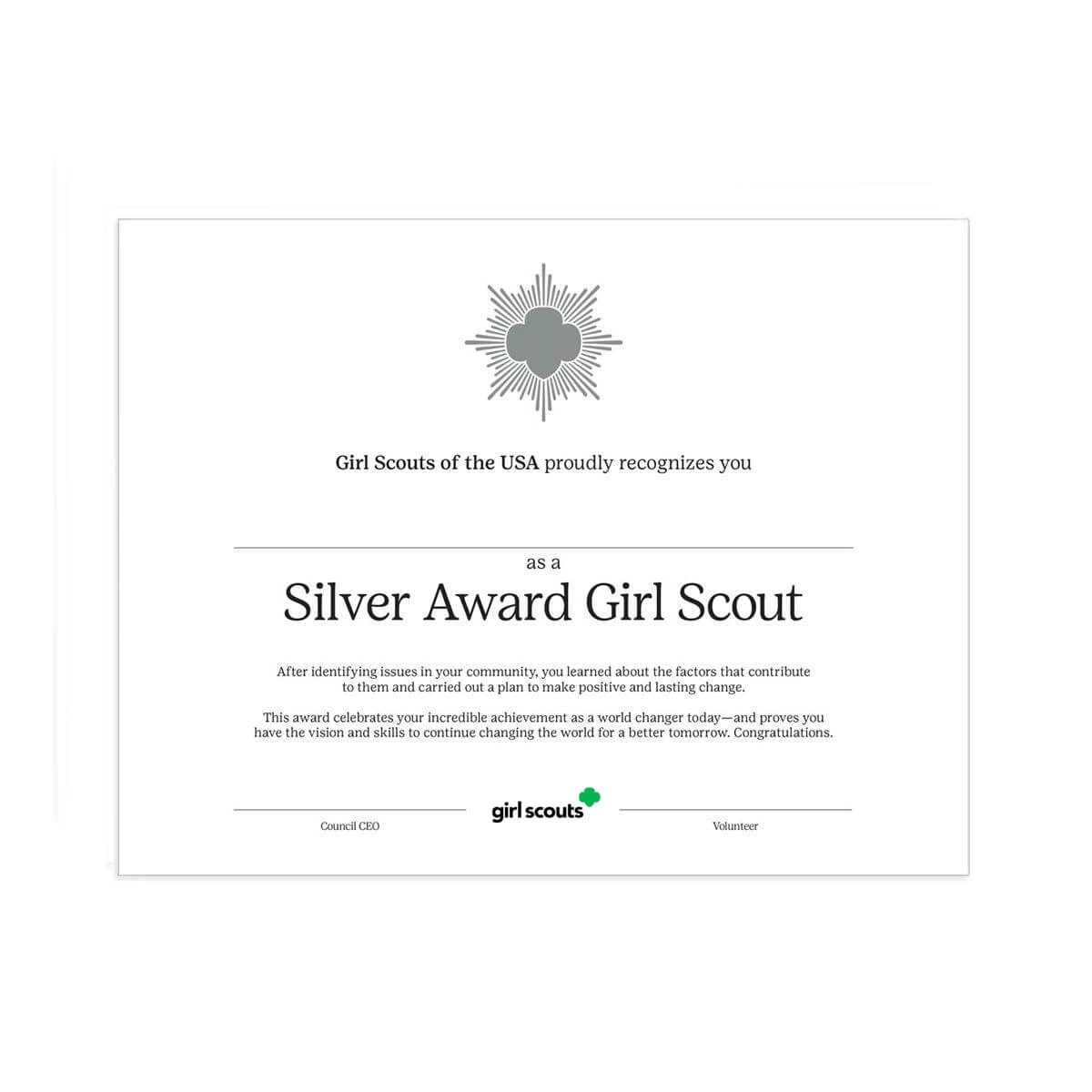 Silver Award Certificate Digital Download Girl Scout Shop