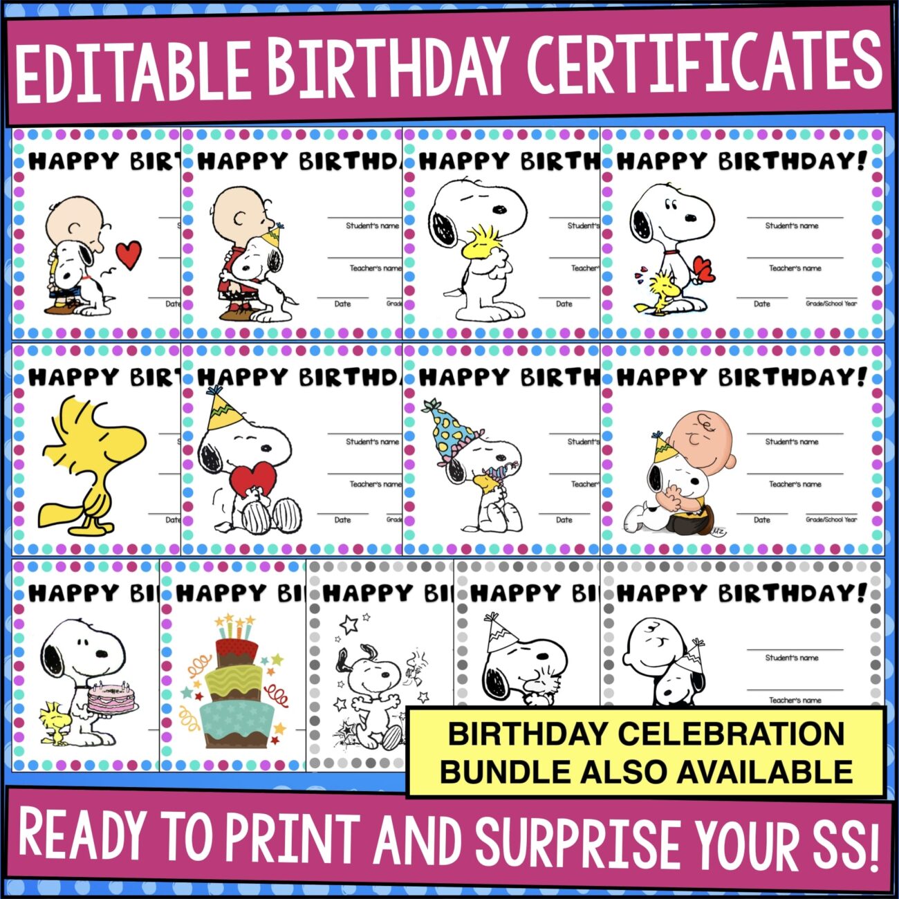 Snoopy Editable Birthday Certificates 13 Adorable Designs