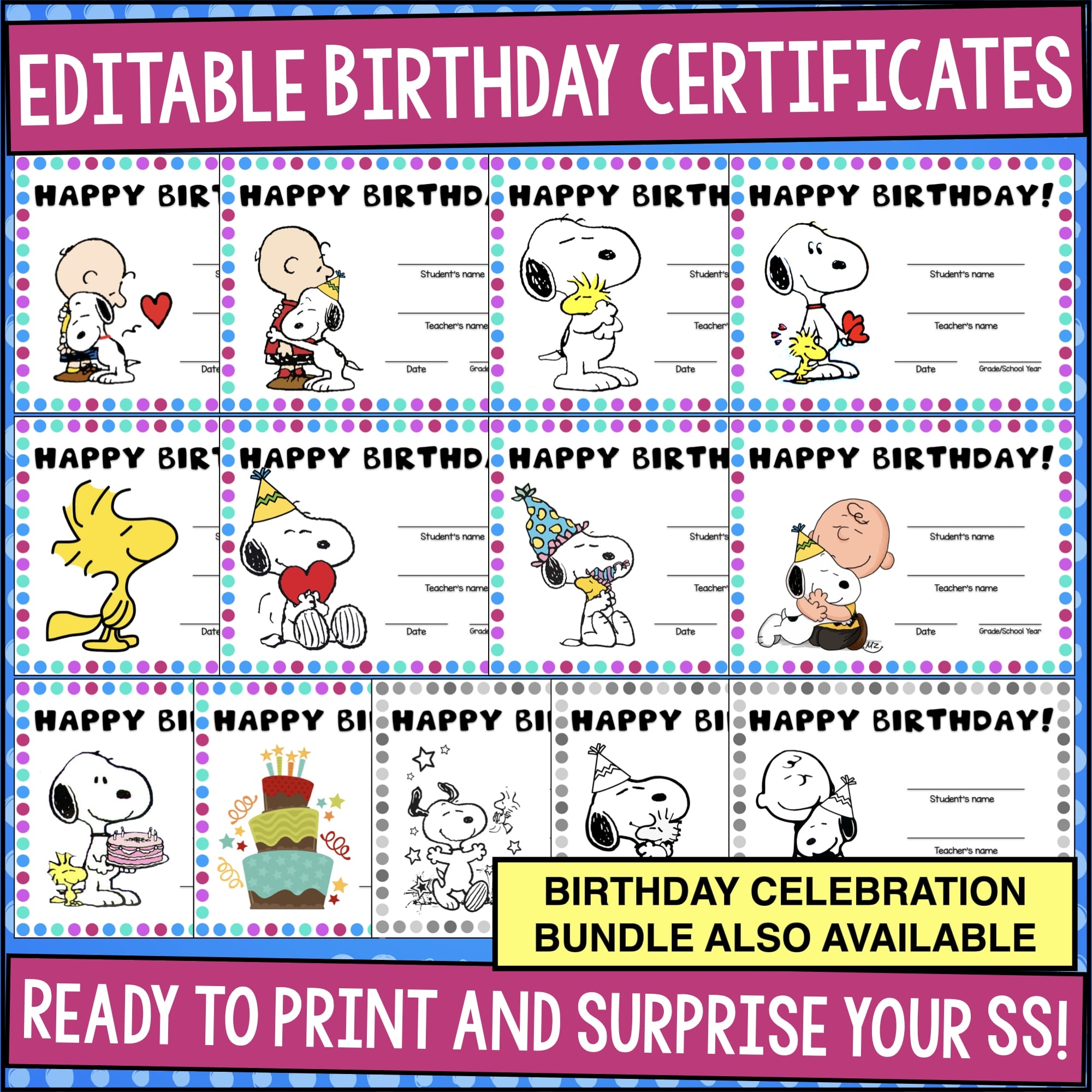 Snoopy Editable Birthday Certificates 13 Adorable Designs