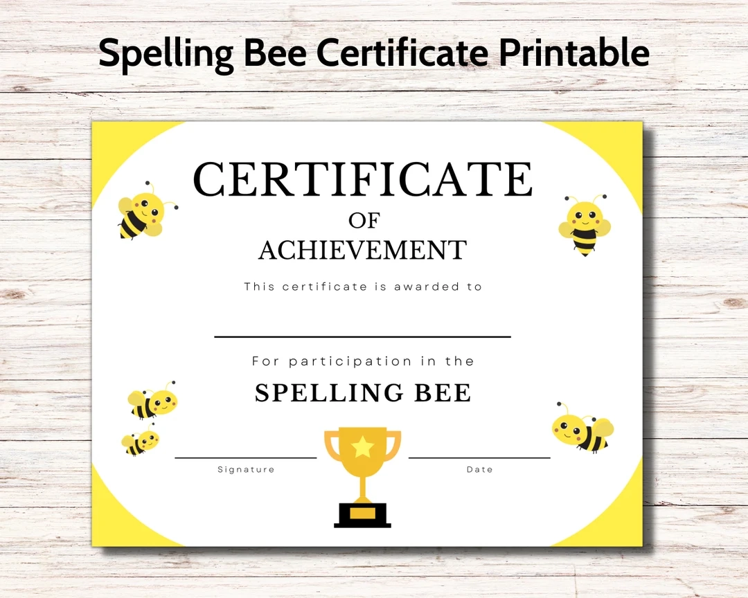 Spelling Bee Certificate Printable Spelling Bee Spelling Award Certificate Of Appreciation Spelling Test Game 1st Grade Spelling Comp Etsy