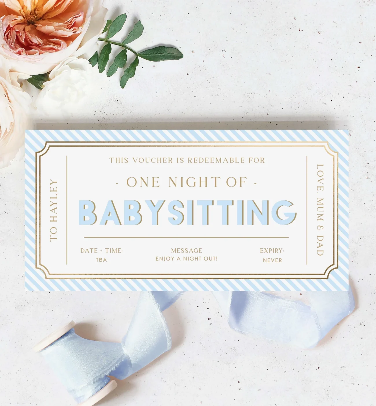 Stripe Blue Printable Babysitting Gift Voucher Template Black Bow Studio