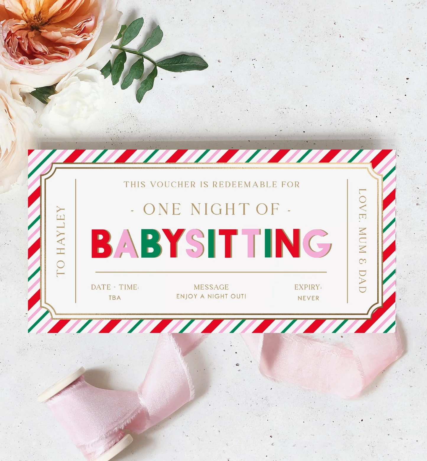 Stripe Pink Multi Printable Babysitting Gift Voucher Template Black Bow Studio