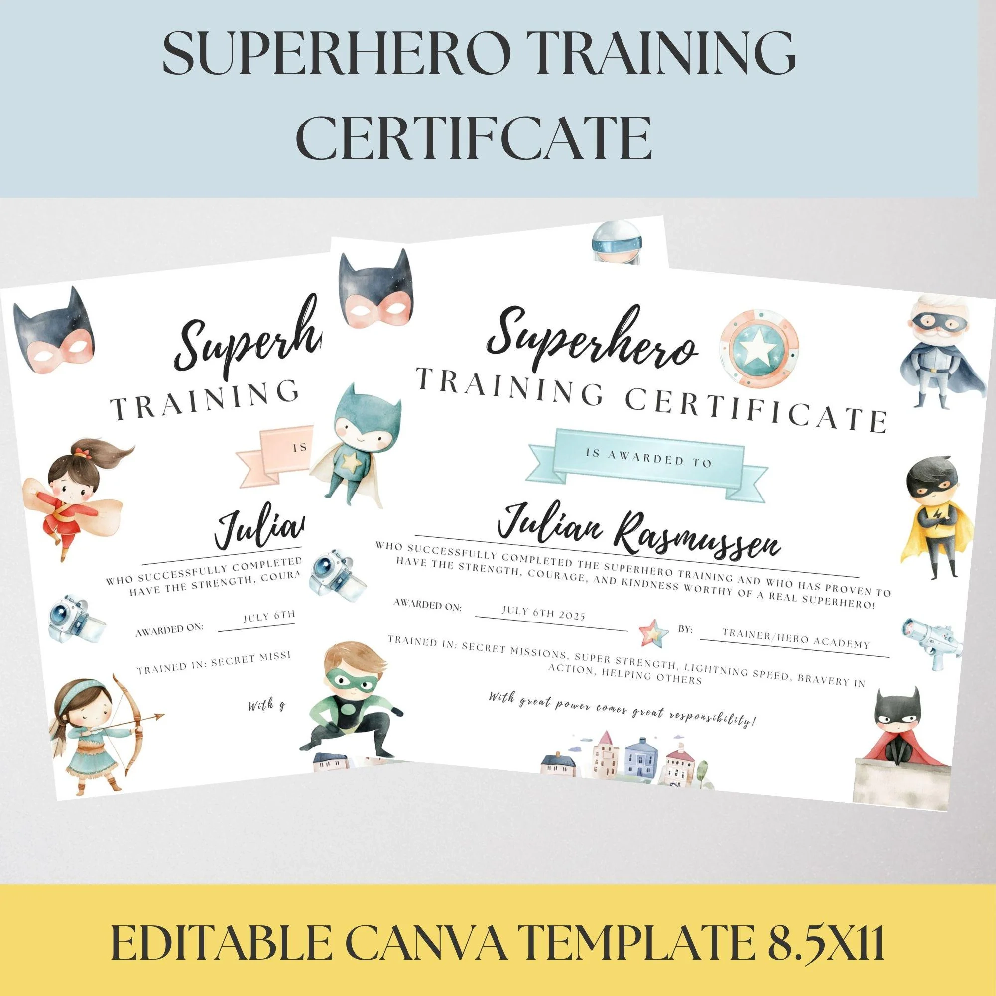 Superhero Training Certificate Editable Kids Party Favor printable Digital Download Etsy